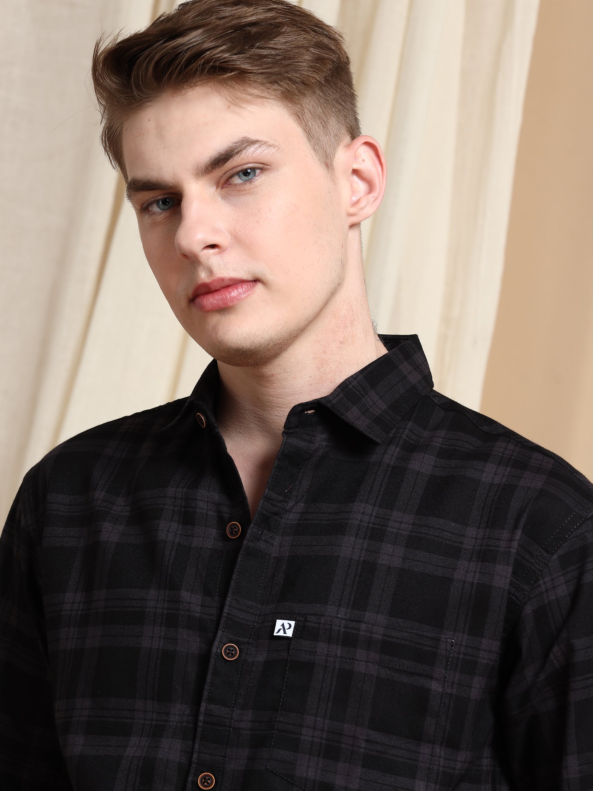Cotton Blend Checkered Grey Shirt for Men