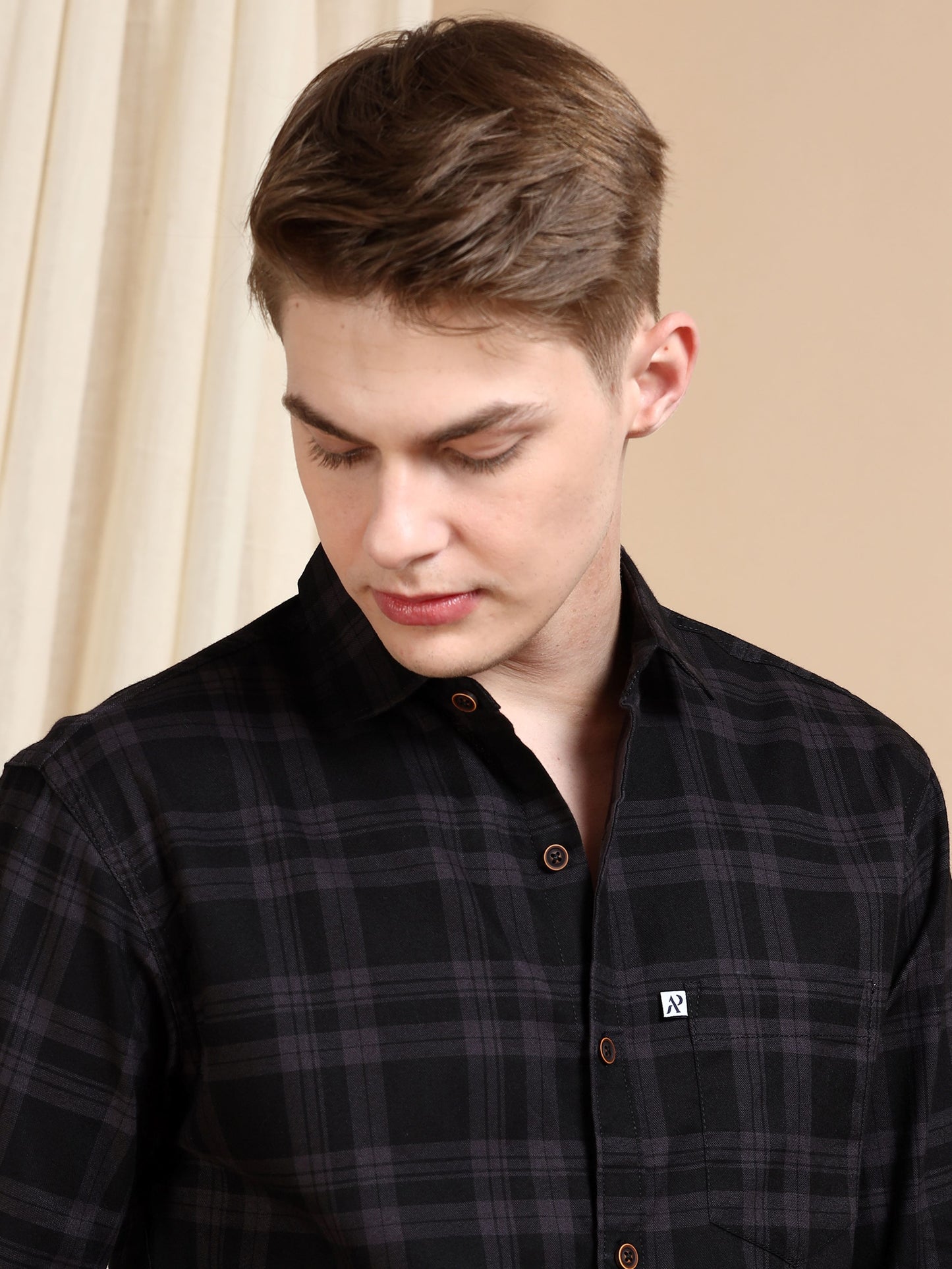 Cotton Blend Checkered Grey Shirt for Men