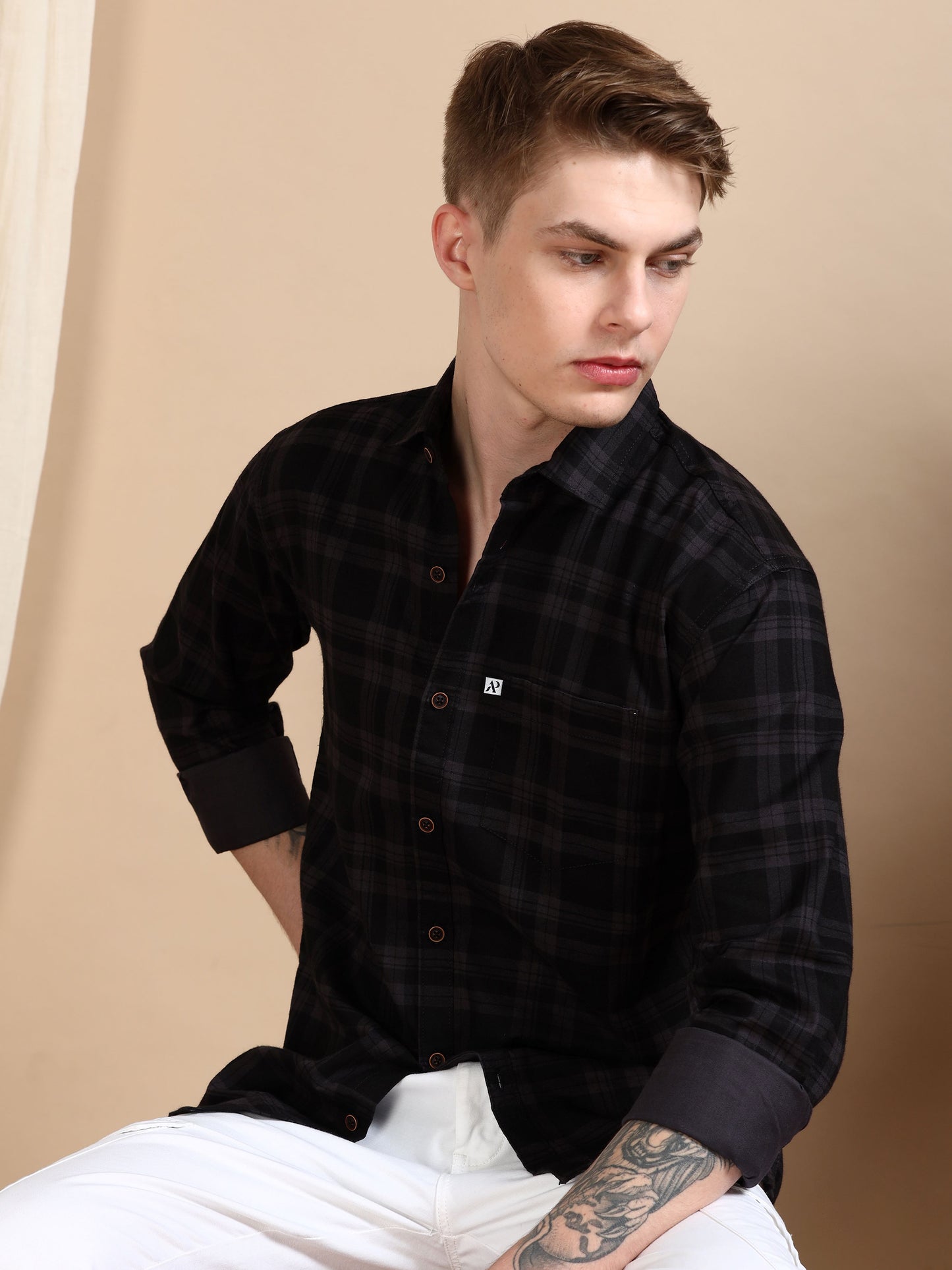 Cotton Blend Checkered Grey Shirt for Men