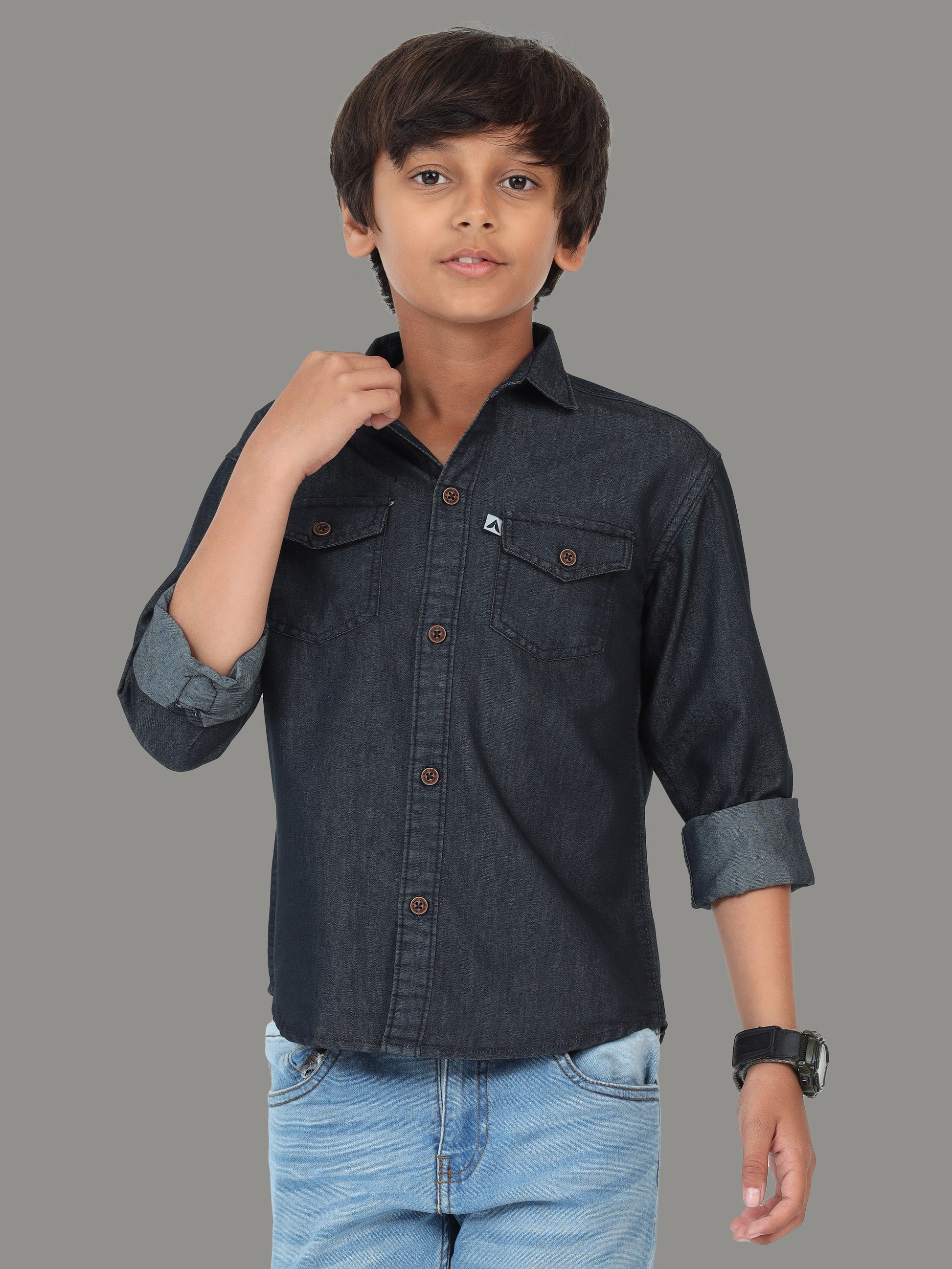 Plain Double Pocket Kids Black Shirt With Cut Away Collar