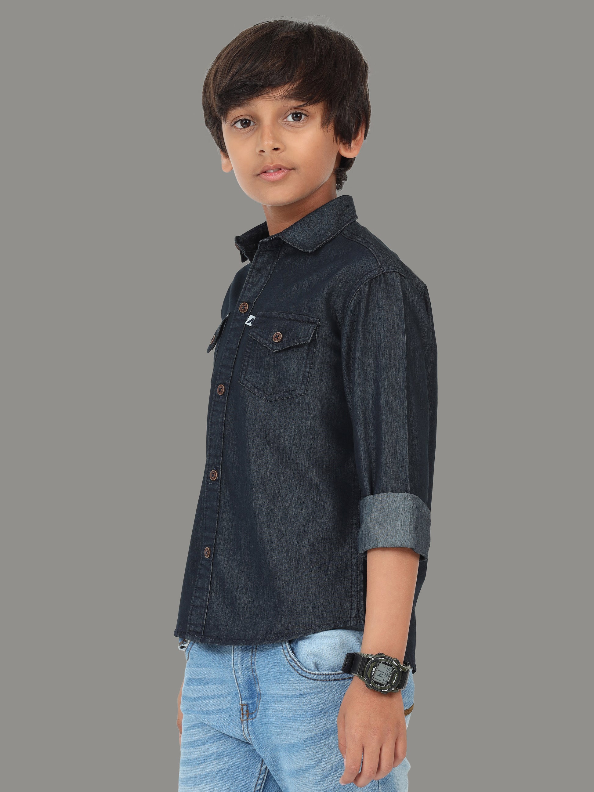 Plain Double Pocket Kids Black Shirt With Cut Away Collar
