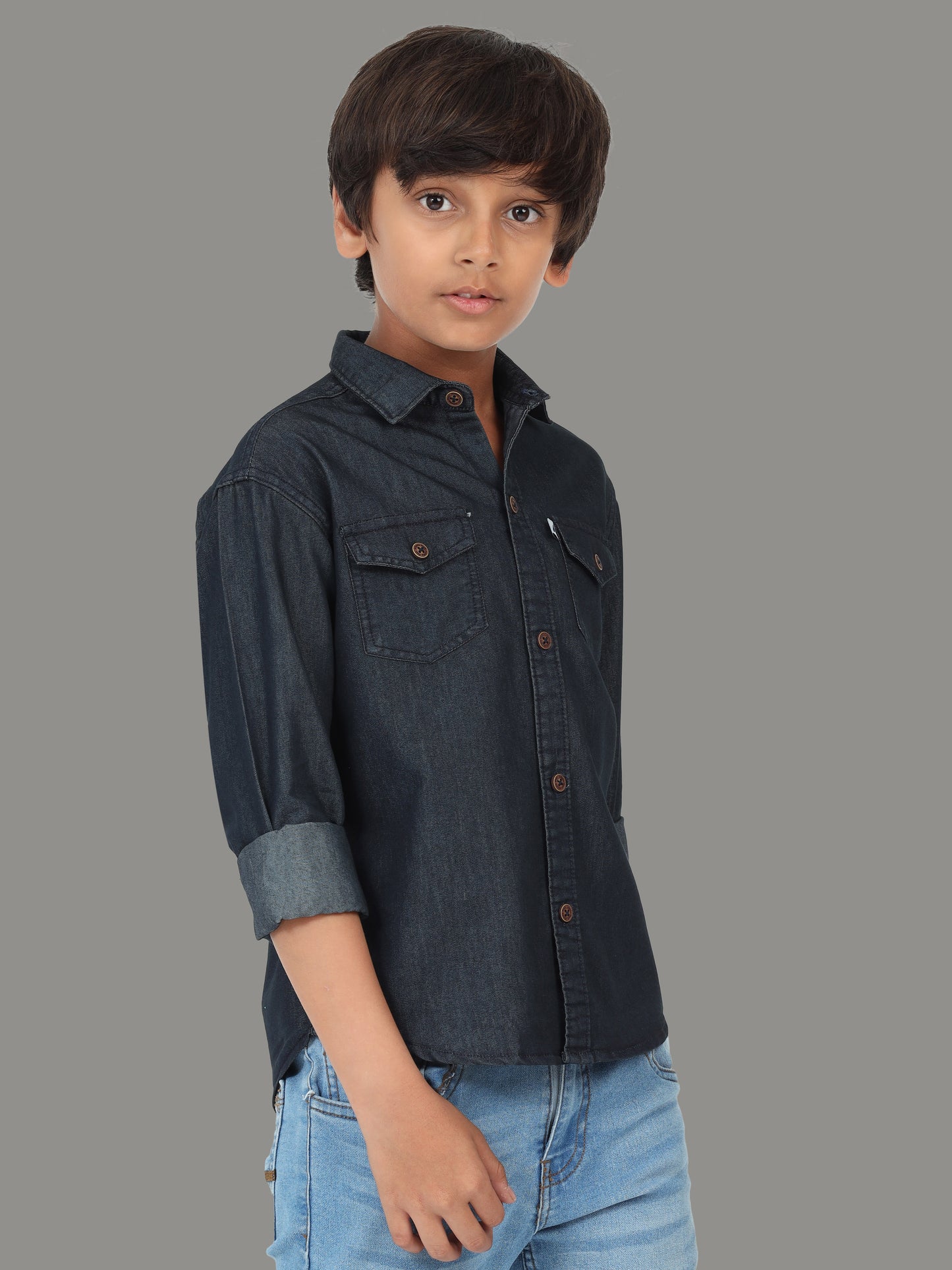Plain Double Pocket Kids Black Shirt With Cut Away Collar