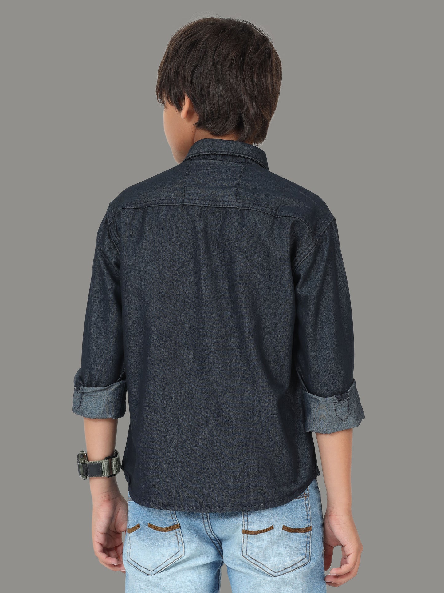 Plain Double Pocket Kids Black Shirt With Cut Away Collar