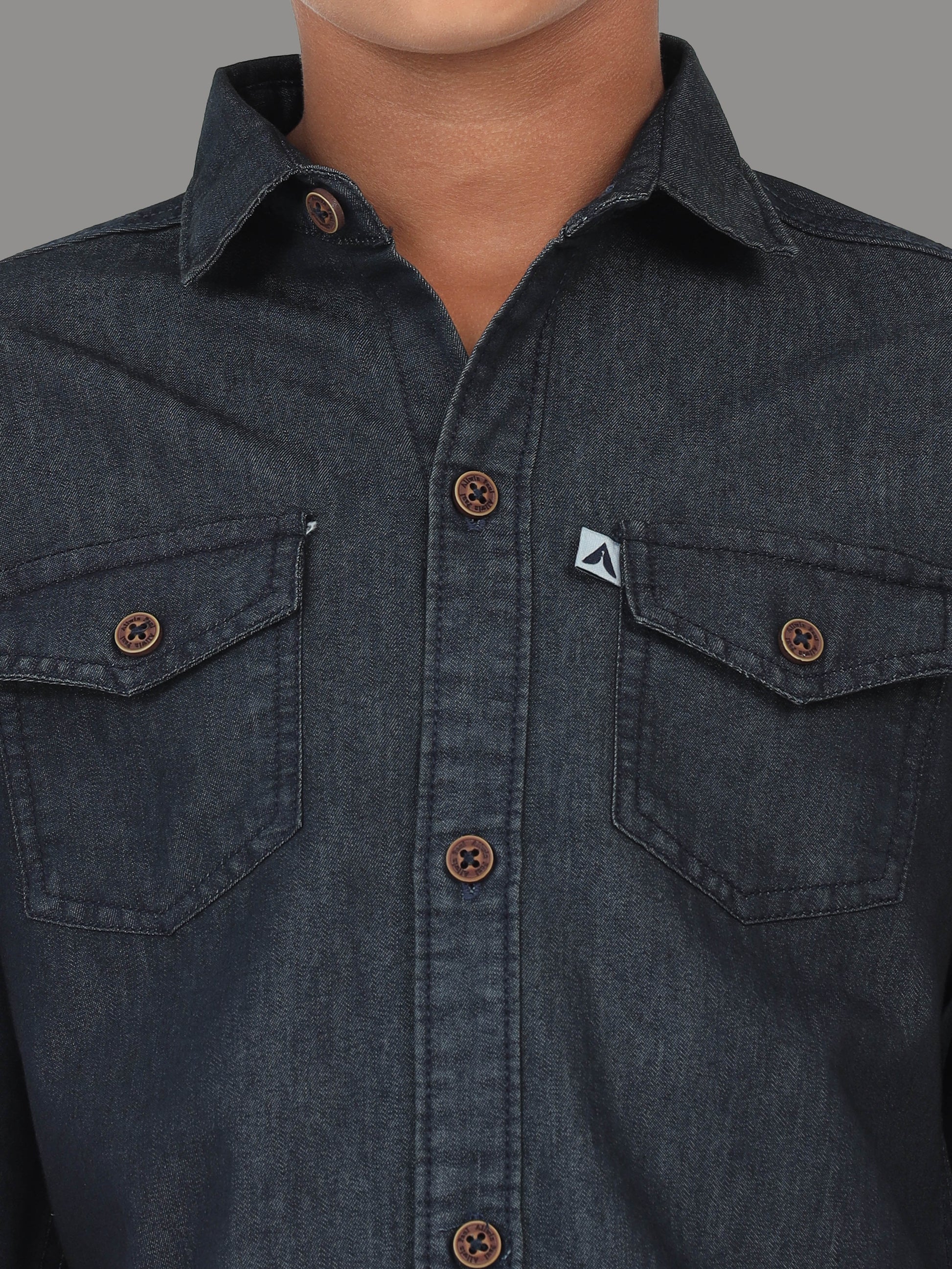 Plain Double Pocket Kids Black Shirt With Cut Away Collar