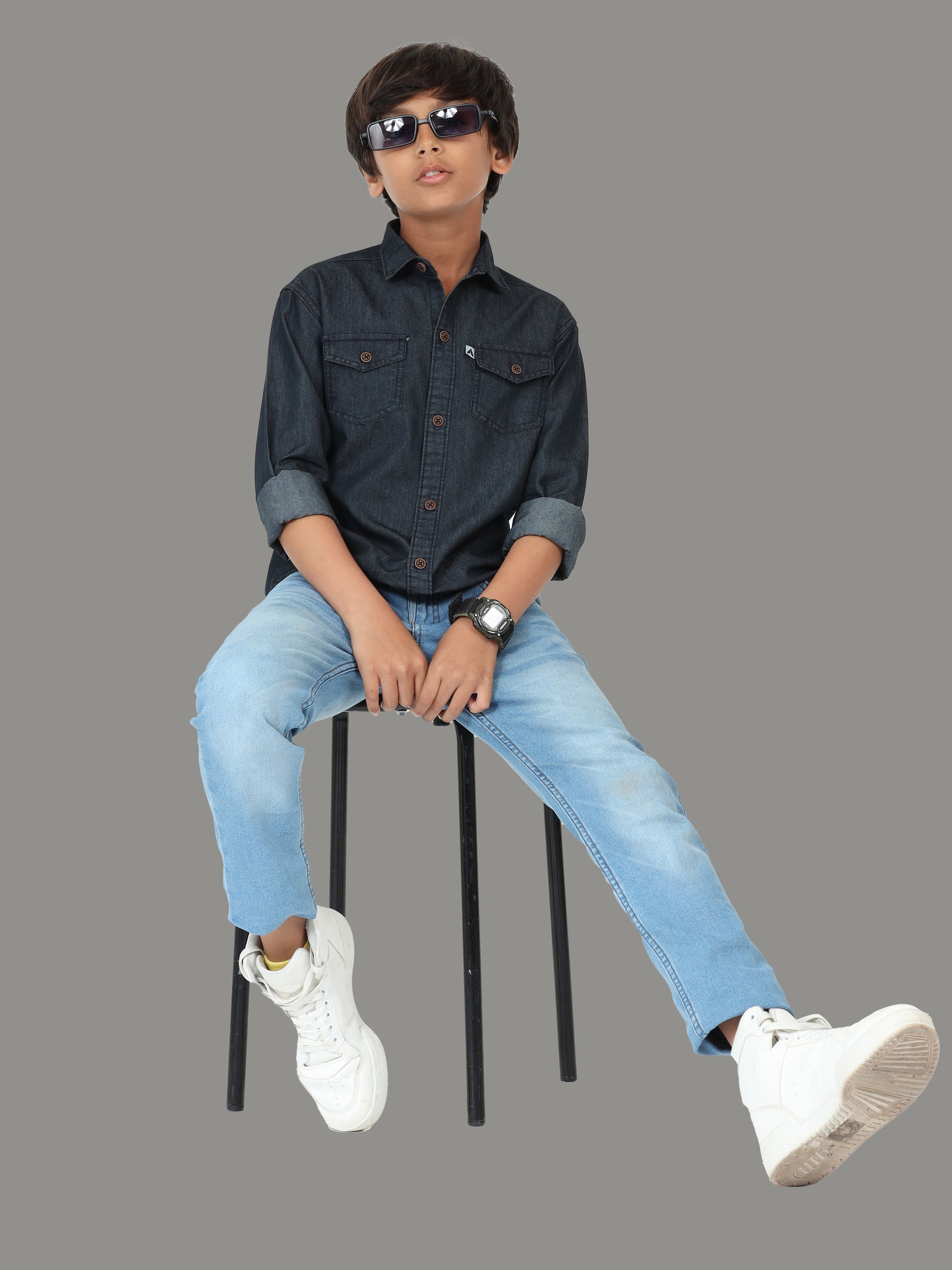 Plain Double Pocket Kids Black Shirt With Cut Away Collar