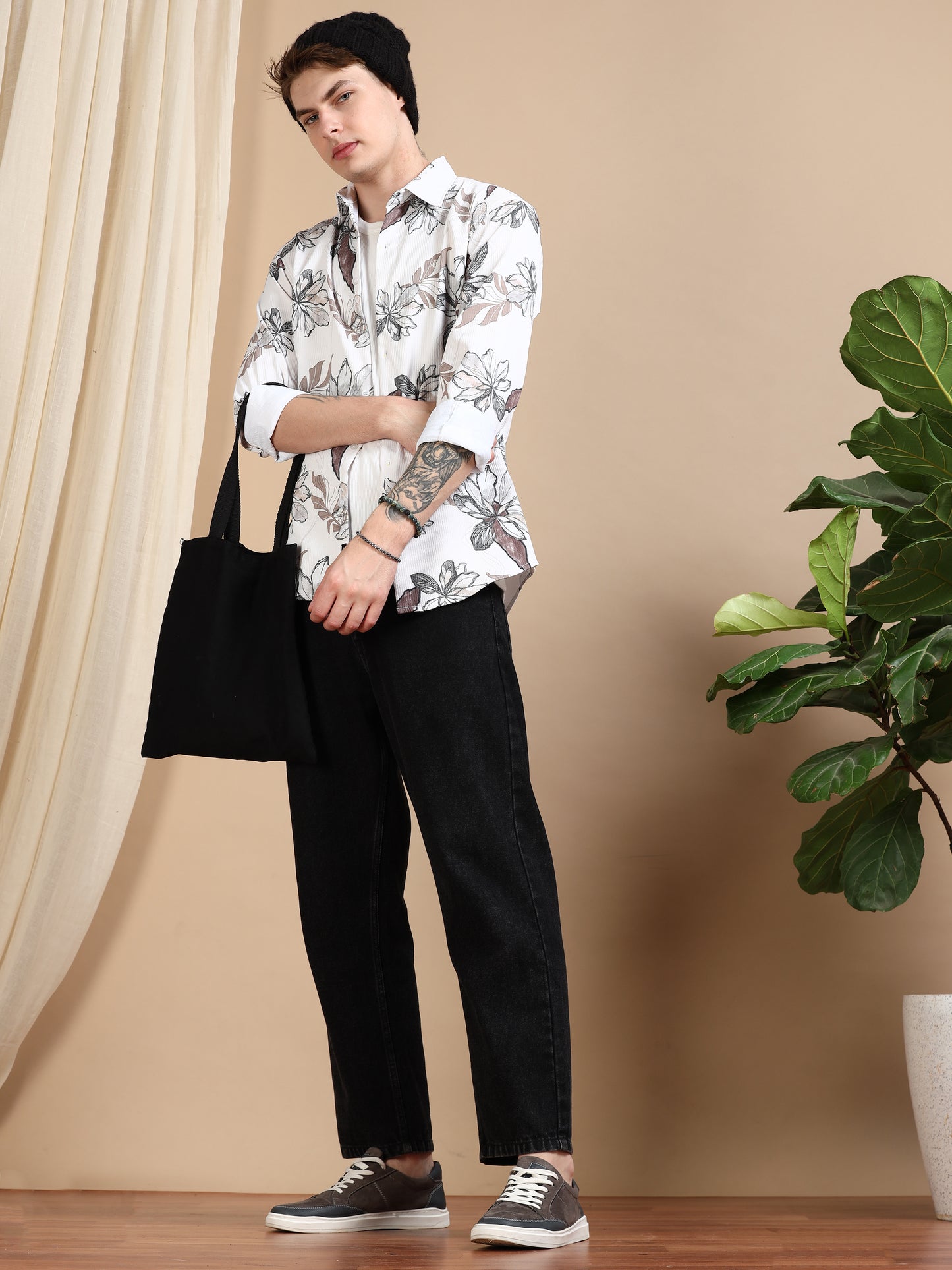 Cream Printed Crushed Cotton Shirts for Men