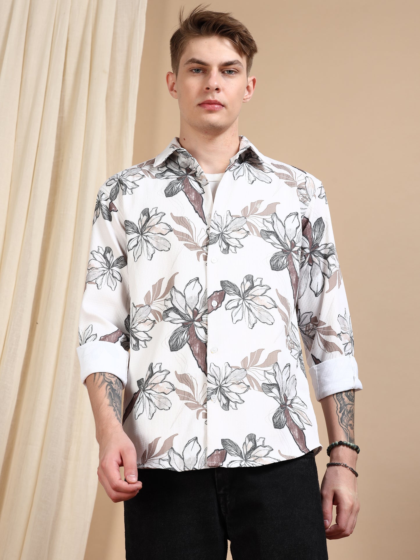 Cream Printed Crushed Cotton Shirts for Men