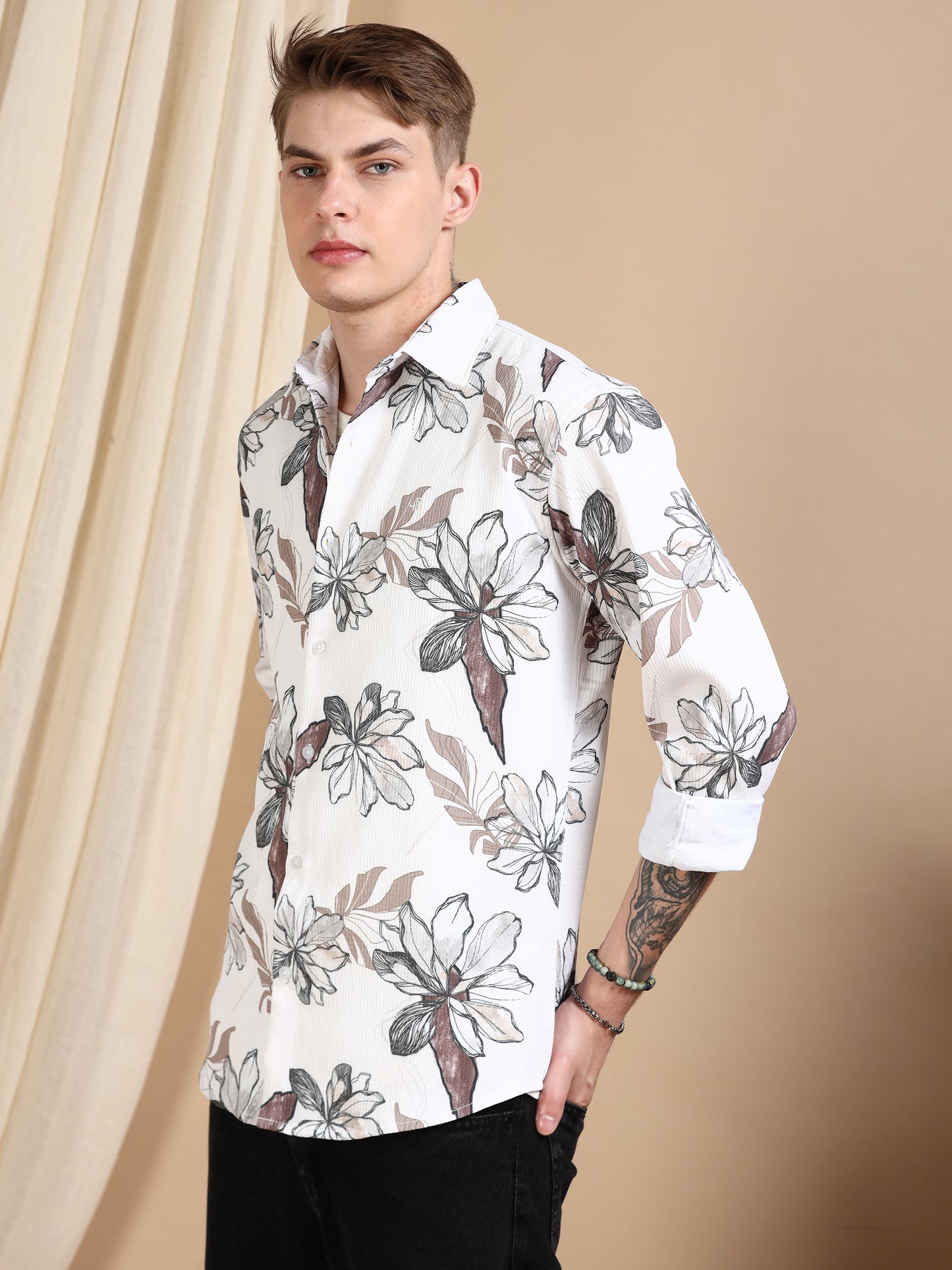 Cream Printed Crushed Cotton Shirts for Men