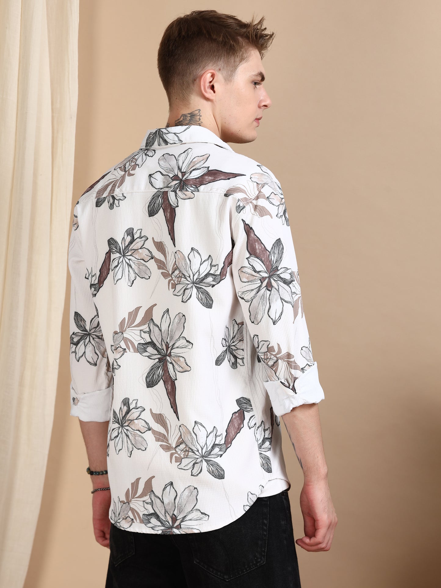Cream Printed Crushed Cotton Shirts for Men