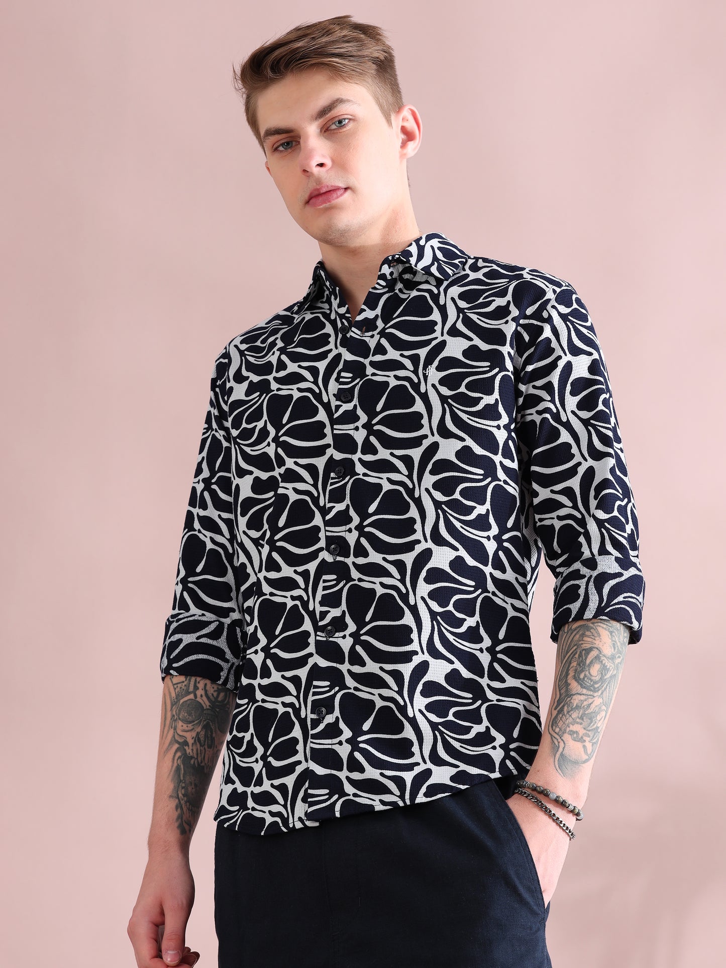 Full Sleeves Dobby Navy Blue Printed Shirt For Men