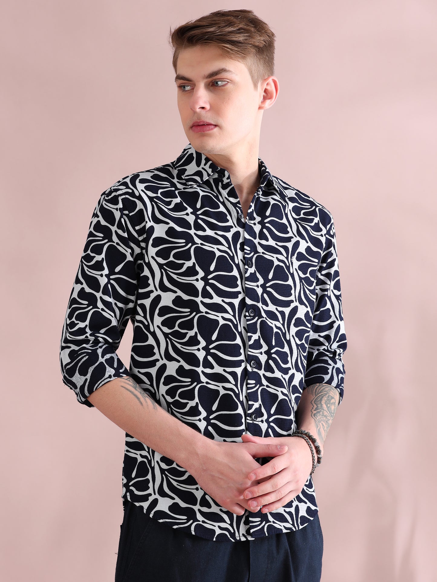 Full Sleeves Dobby Navy Blue Printed Shirt For Men