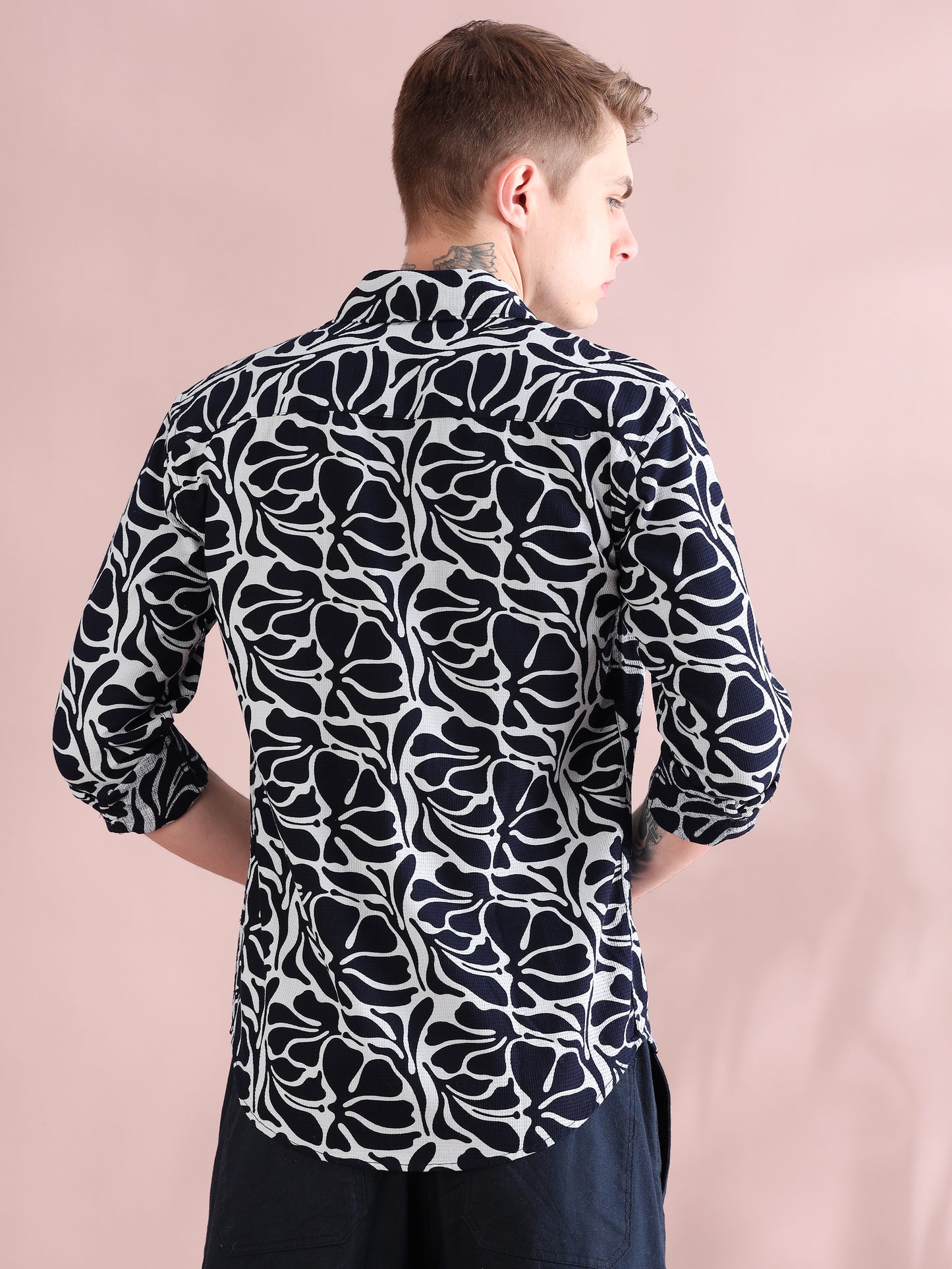 Full Sleeves Dobby Navy Blue Printed Shirt For Men