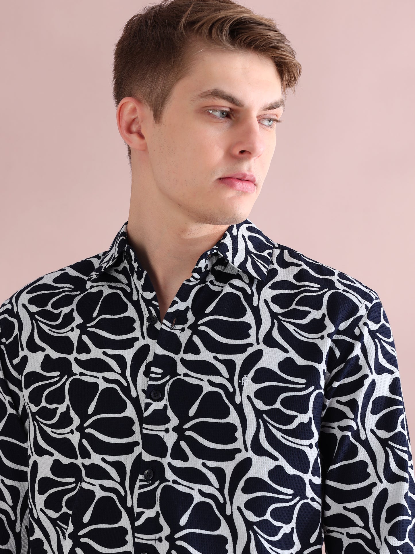 Full Sleeves Dobby Navy Blue Printed Shirt For Men