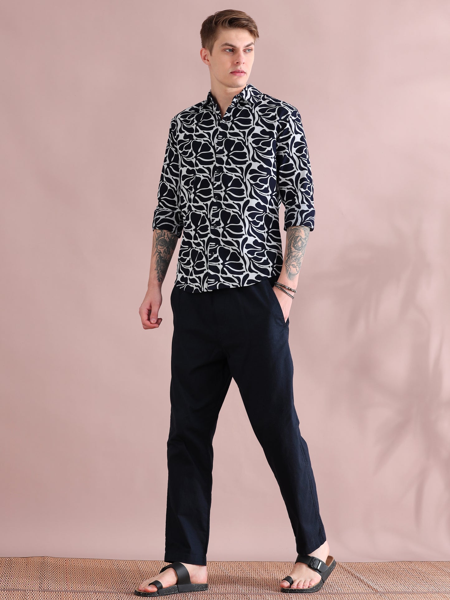 Full Sleeves Dobby Navy Blue Printed Shirt For Men