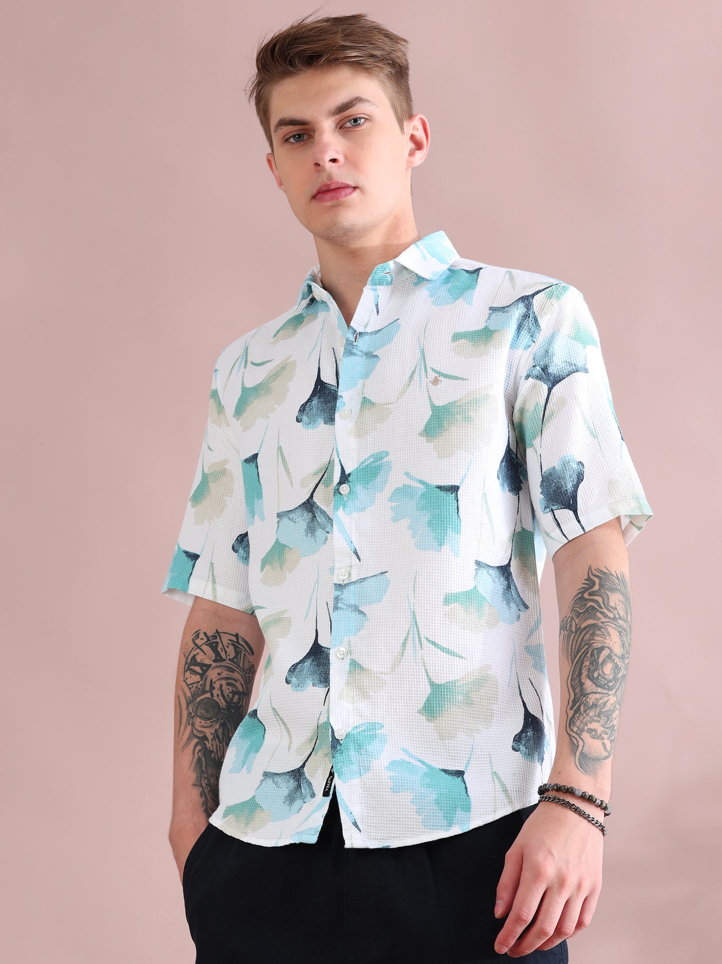 Half Sleeves Dobby Printed Green Shirt For Men