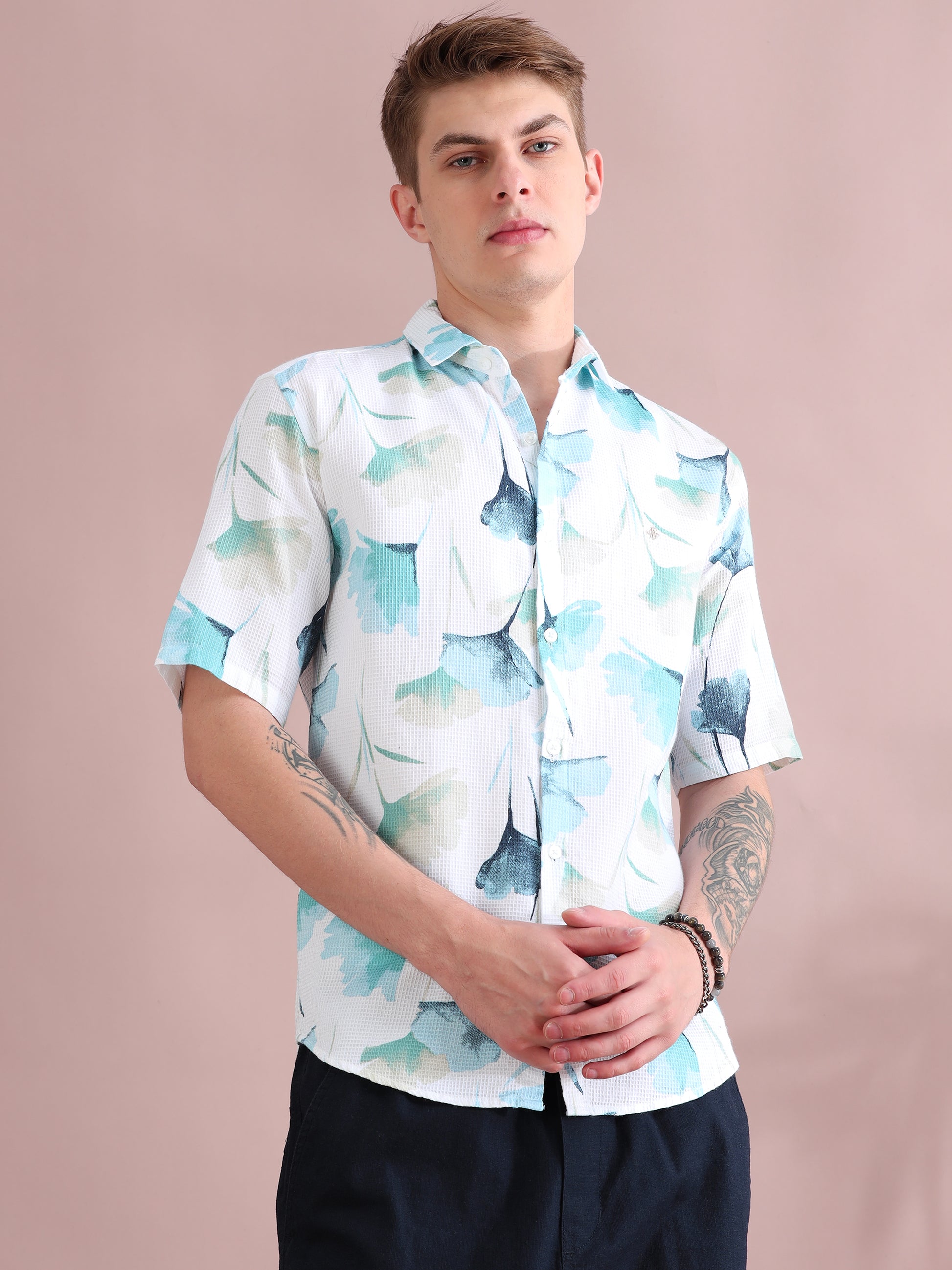 Half Sleeves Dobby Printed Green Shirt For Men