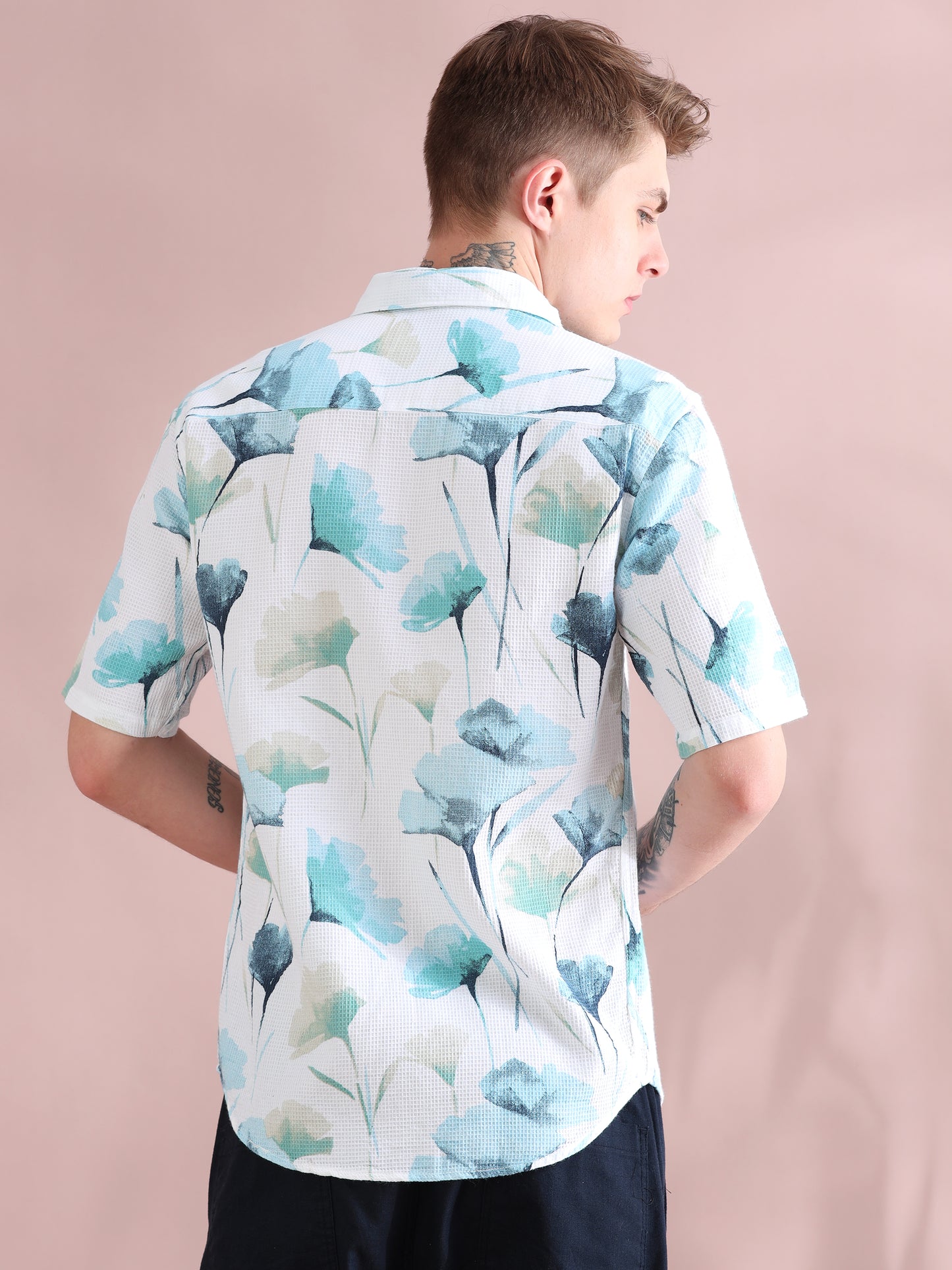 Half Sleeves Dobby Printed Green Shirt For Men