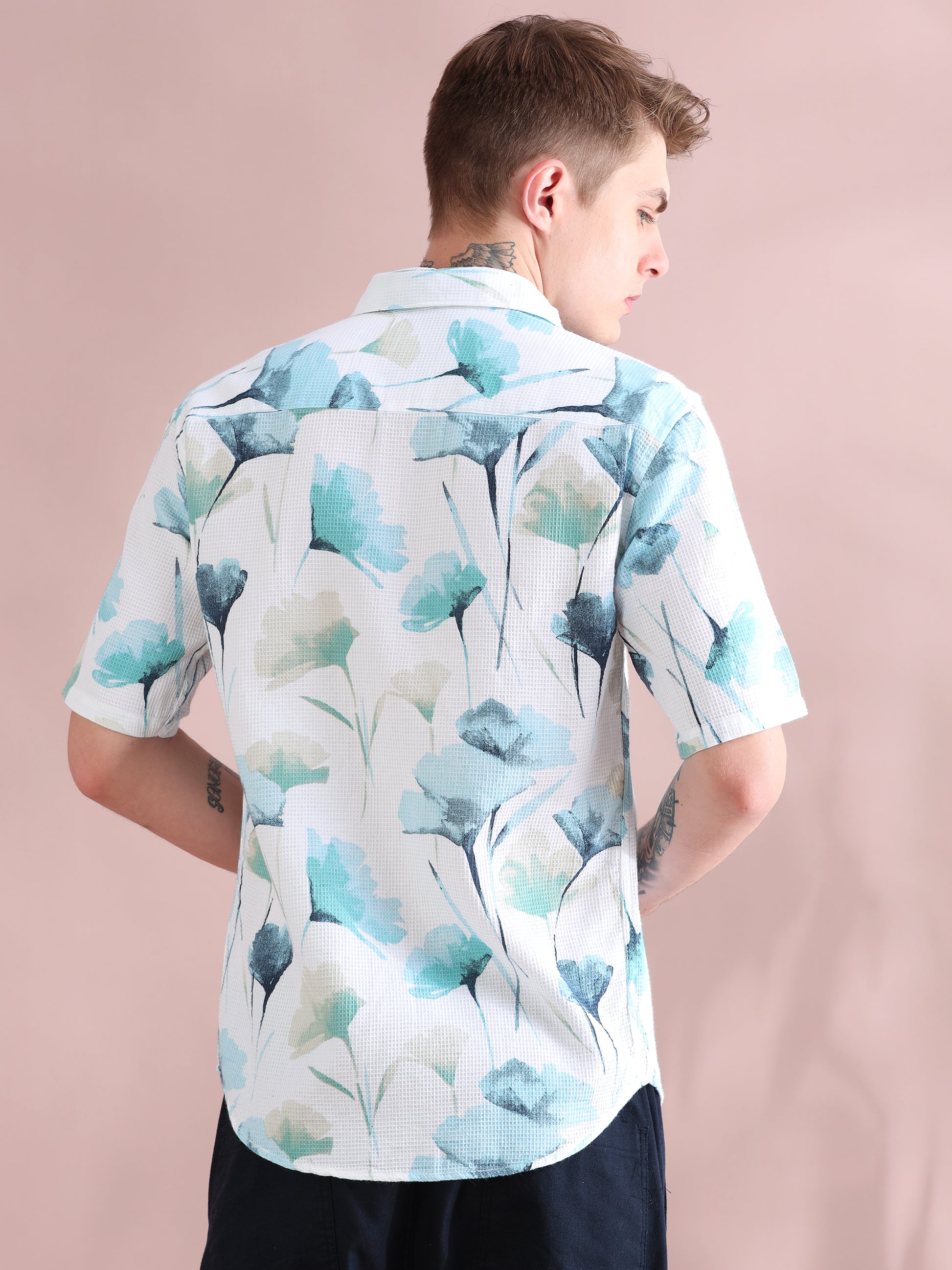 Half Sleeves Dobby Printed Green Shirt For Men