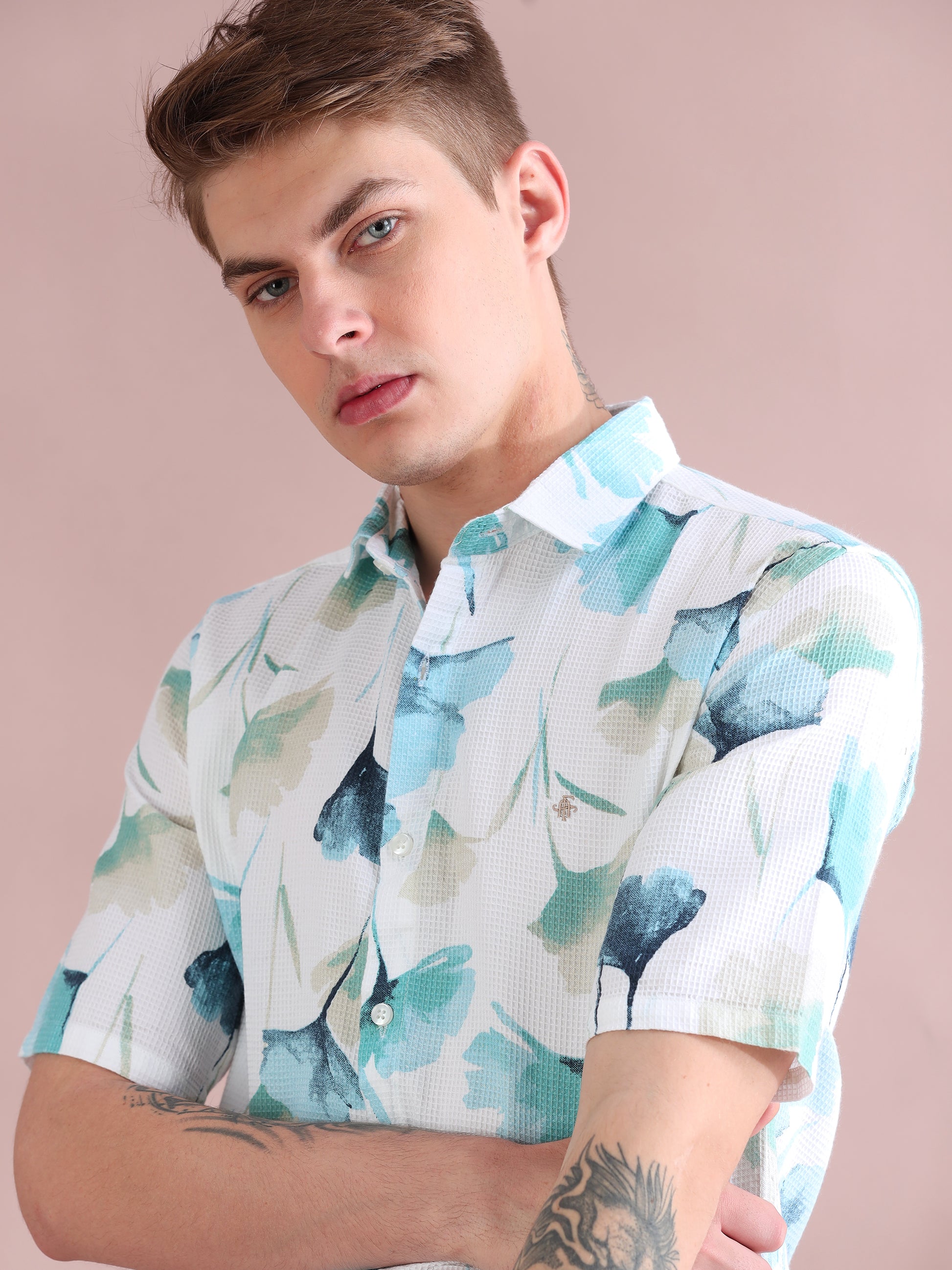 Half Sleeves Dobby Printed Green Shirt For Men