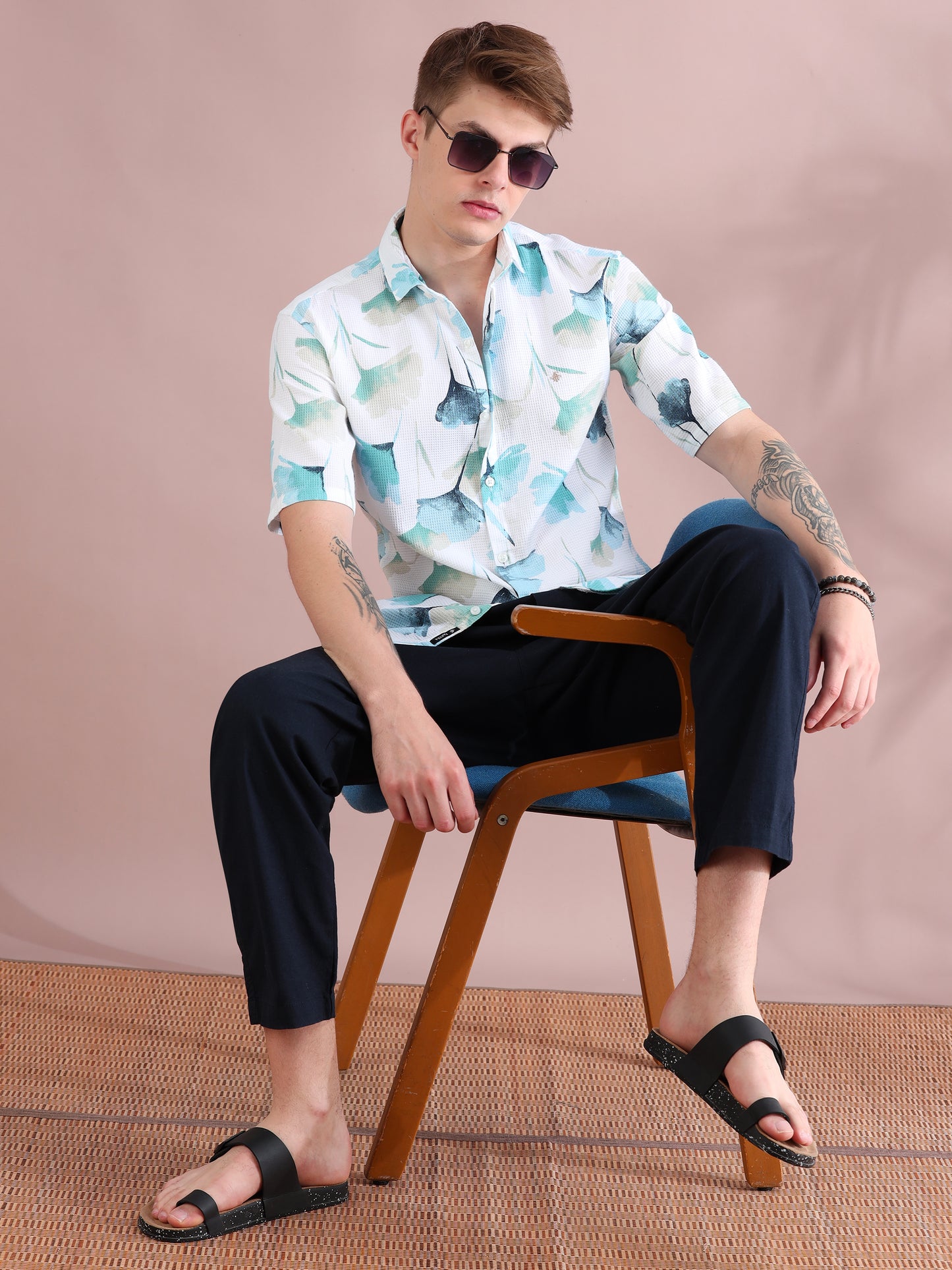 Half Sleeves Dobby Printed Green Shirt For Men