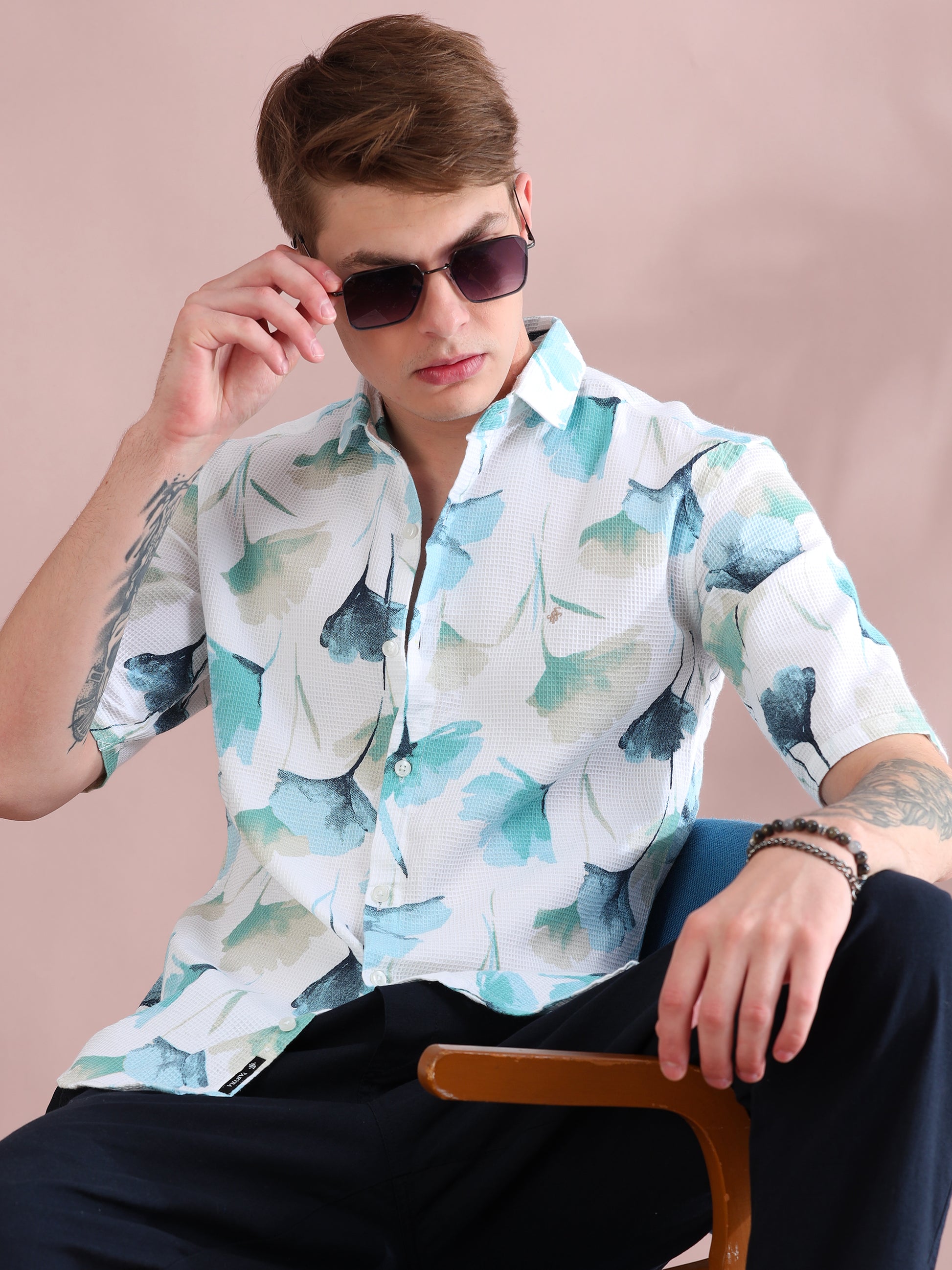Half Sleeves Dobby Printed Green Shirt For Men