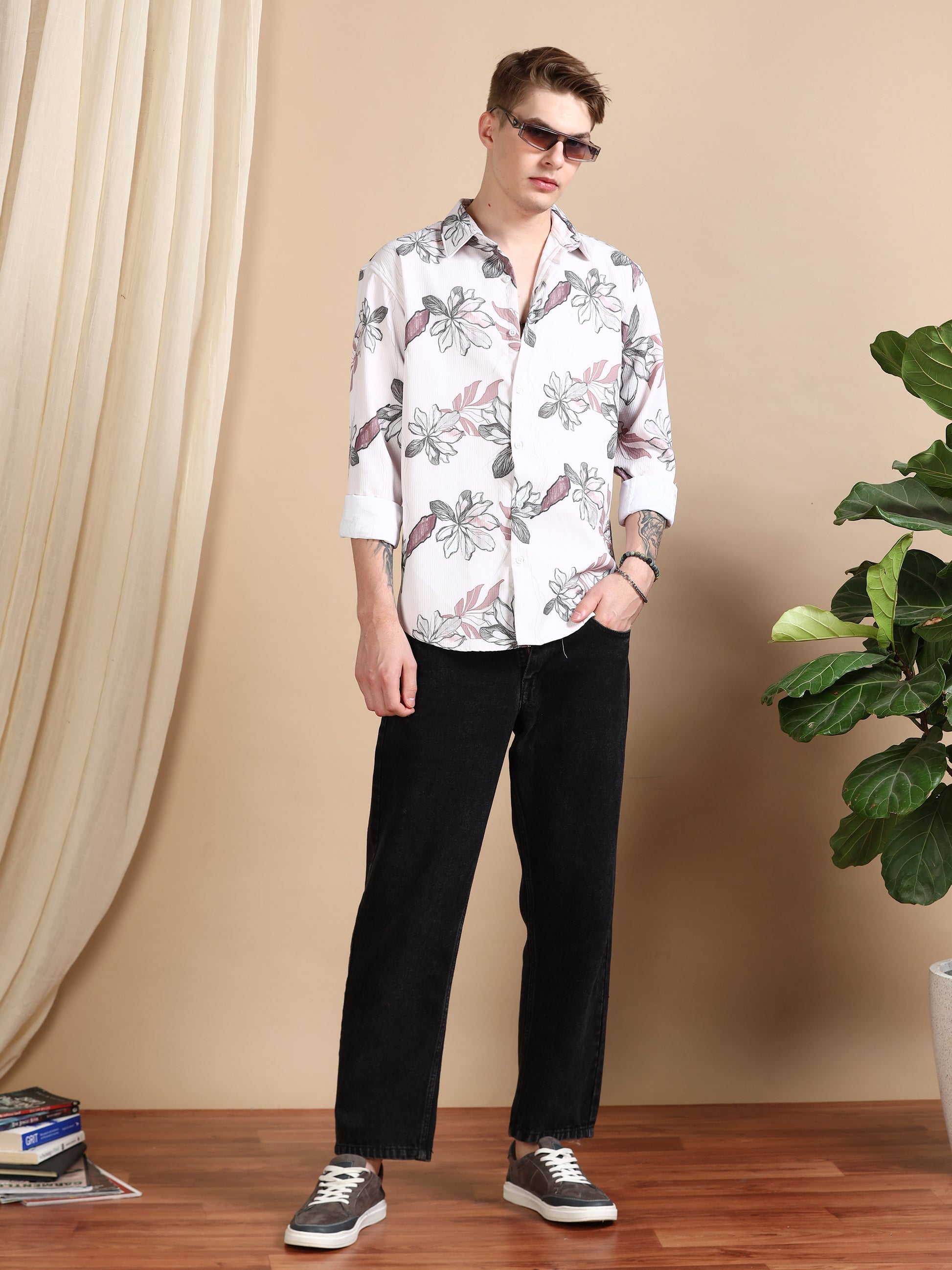Pink Printed Crushed Shirt for Men