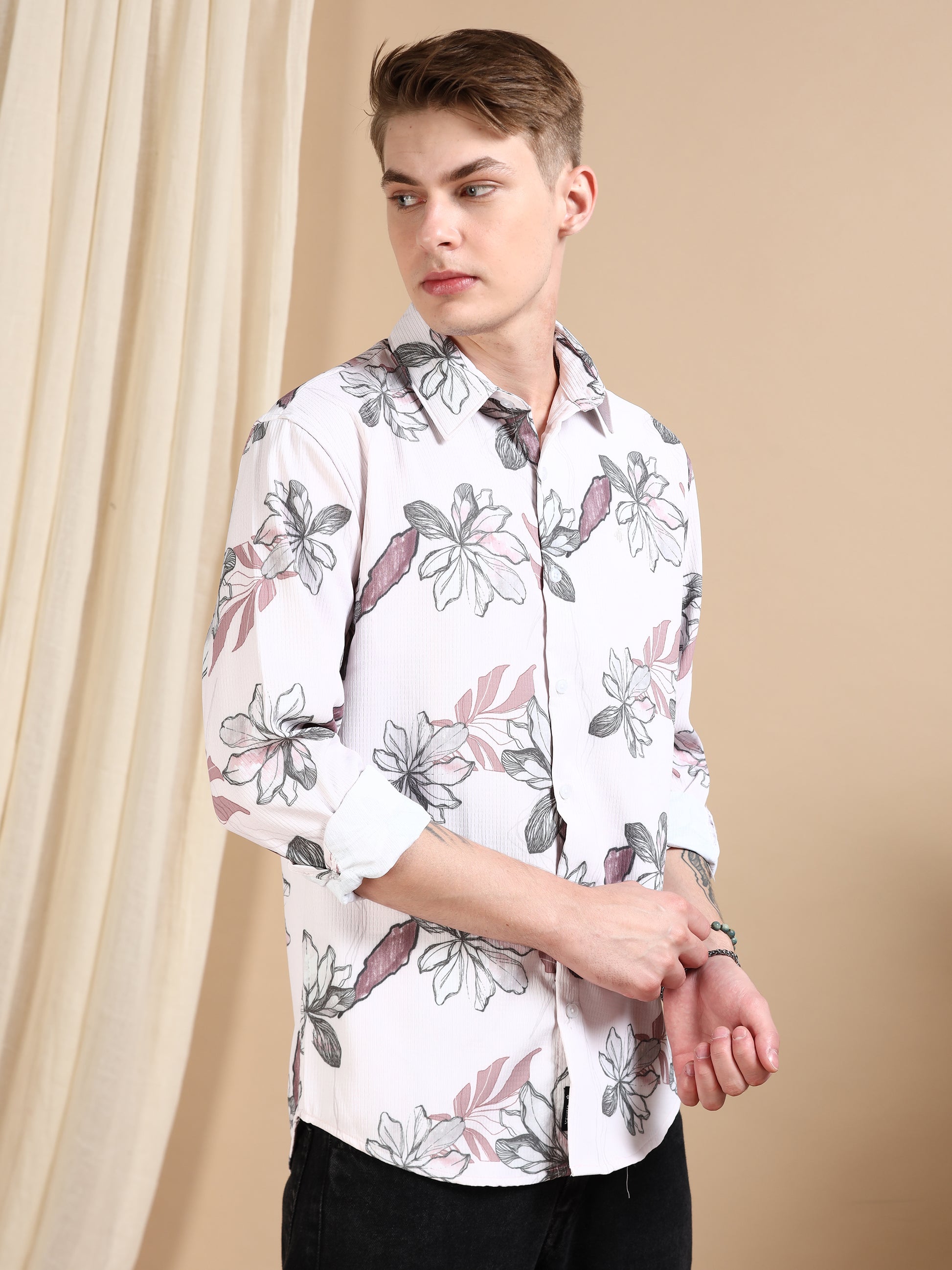 Pink Printed Crushed Shirt for Men