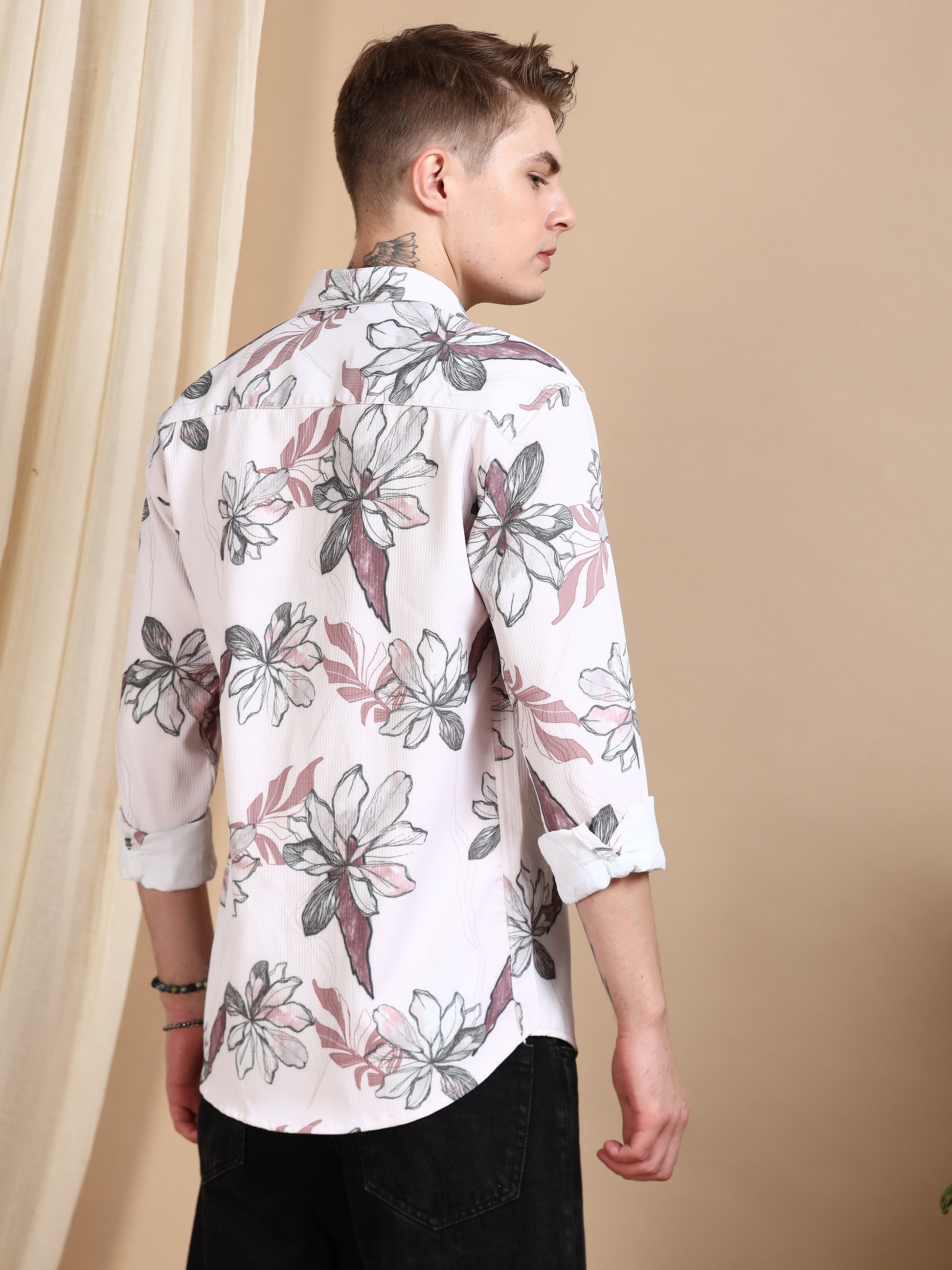 Pink Printed Crushed Shirt for Men