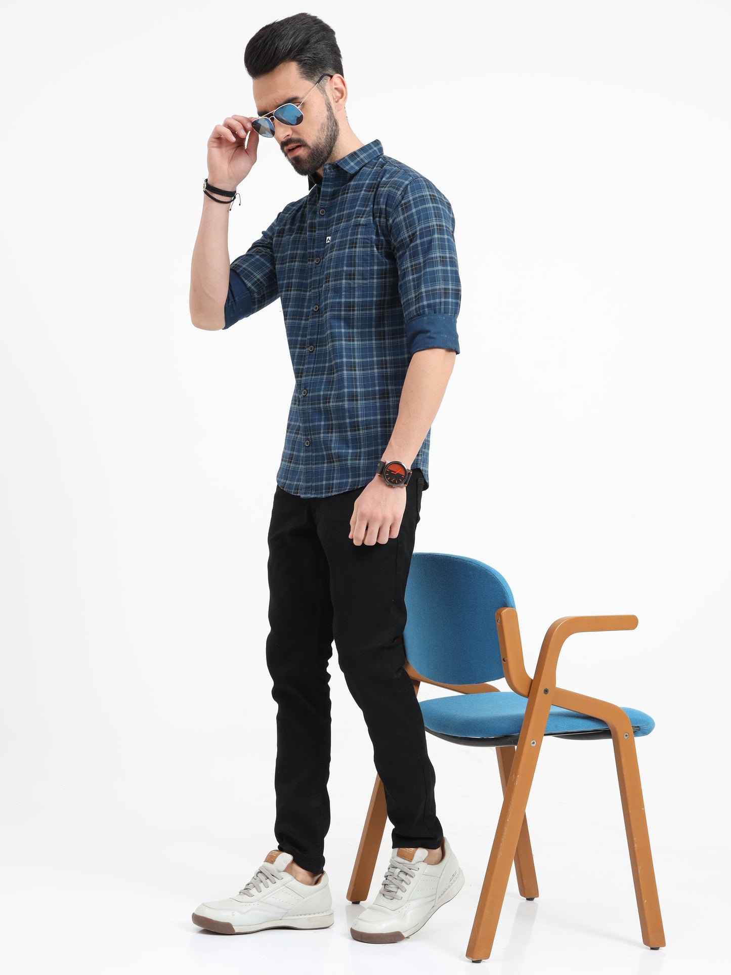 Full Sleeve Tartan Navy Blue Check Shirt for Men