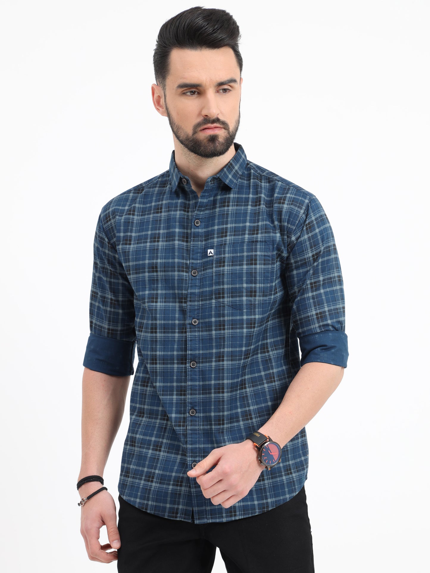 Full Sleeve Tartan Navy Blue Check Shirt for Men