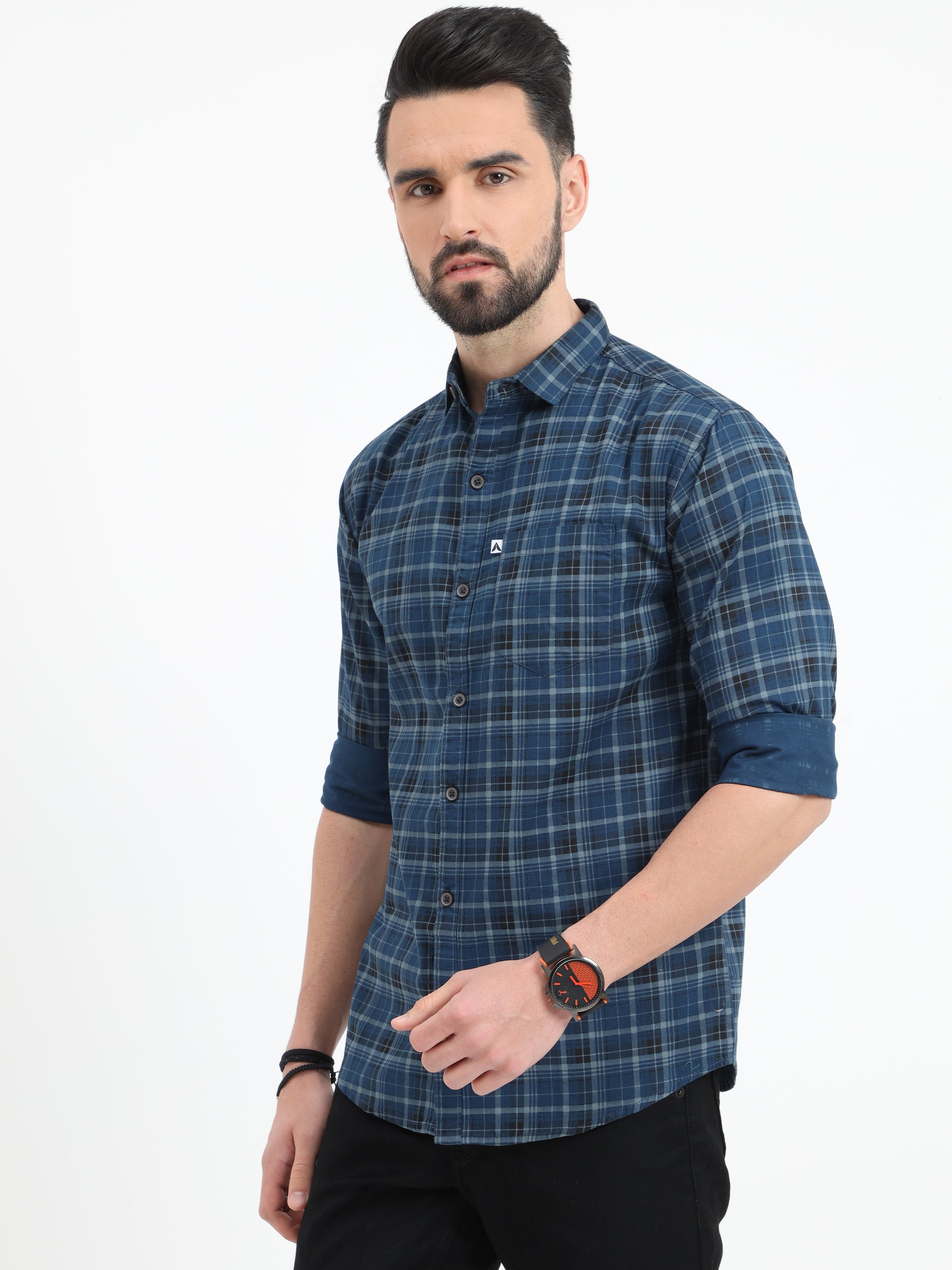 Full Sleeve Tartan Navy Blue Check Shirt for Men