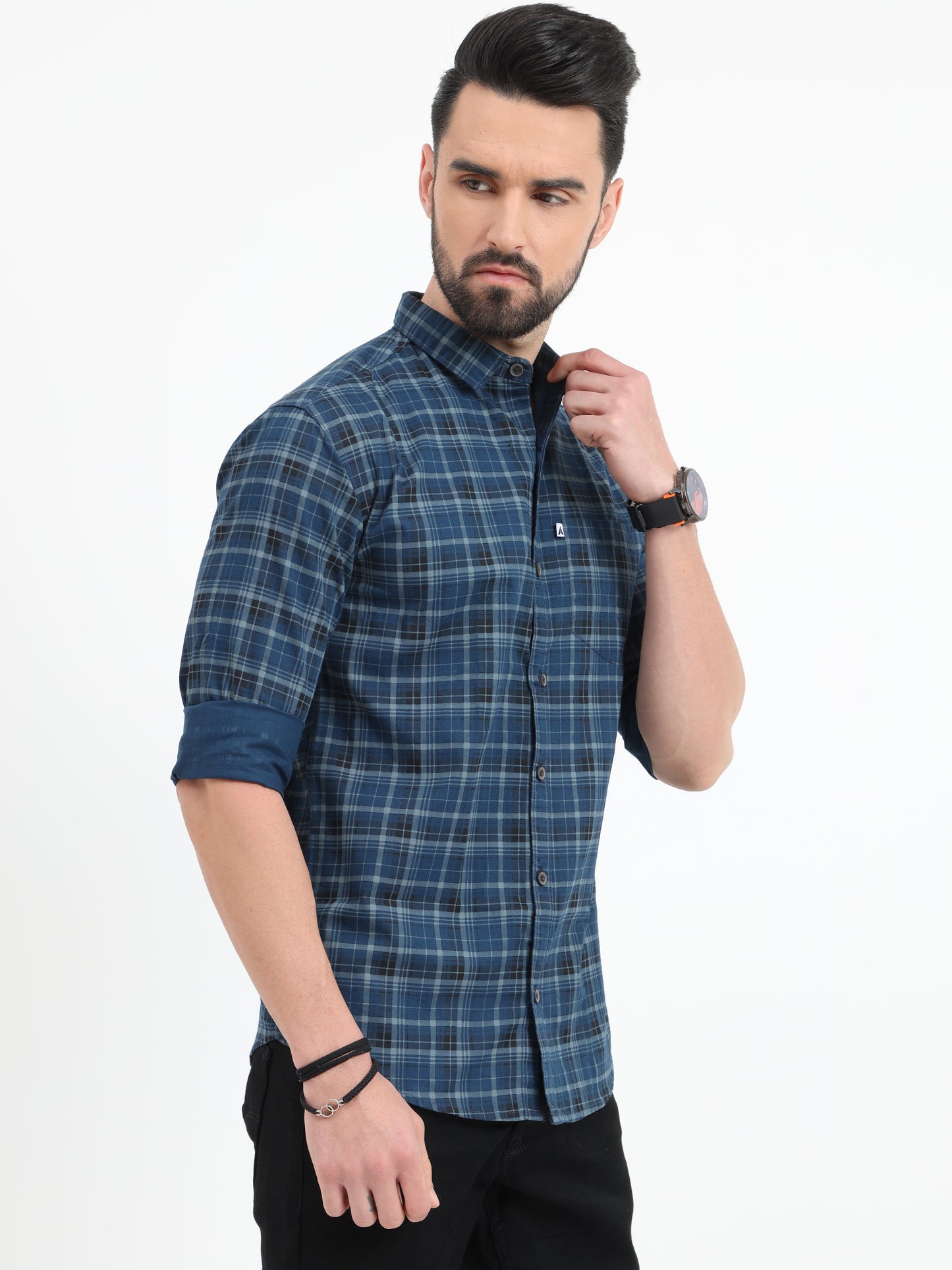 Full Sleeve Tartan Navy Blue Check Shirt for Men