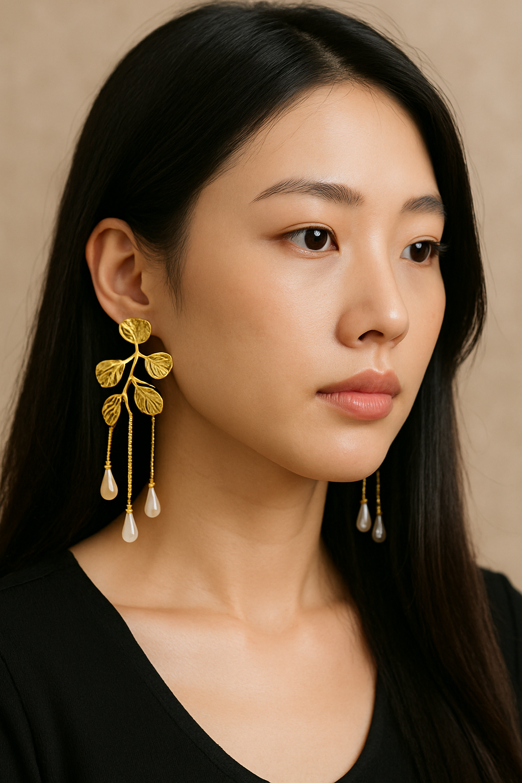 Elegant woman wearing Faryra gold leaf-inspired earrings with pearl drop dangles