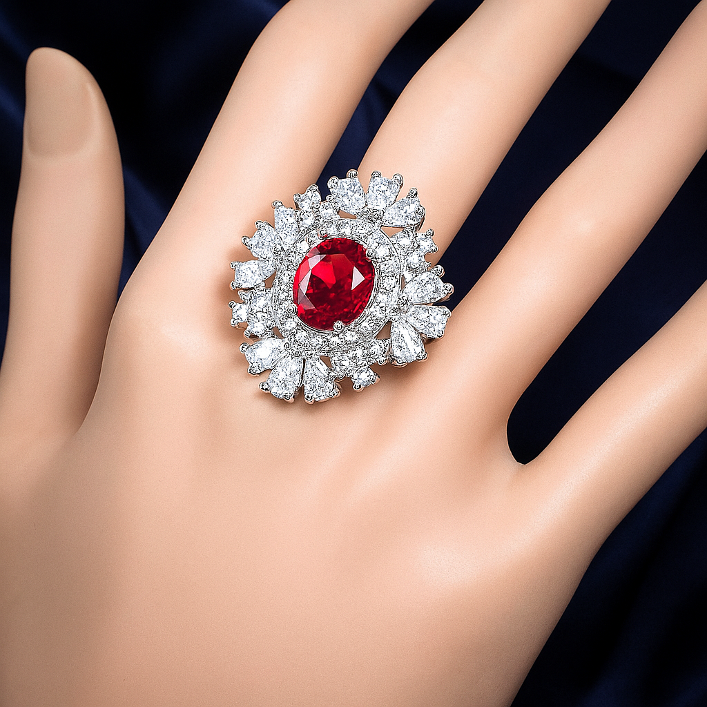 Elegant ruby red zirconic stone ring with a halo of pear-cut and round white crystals