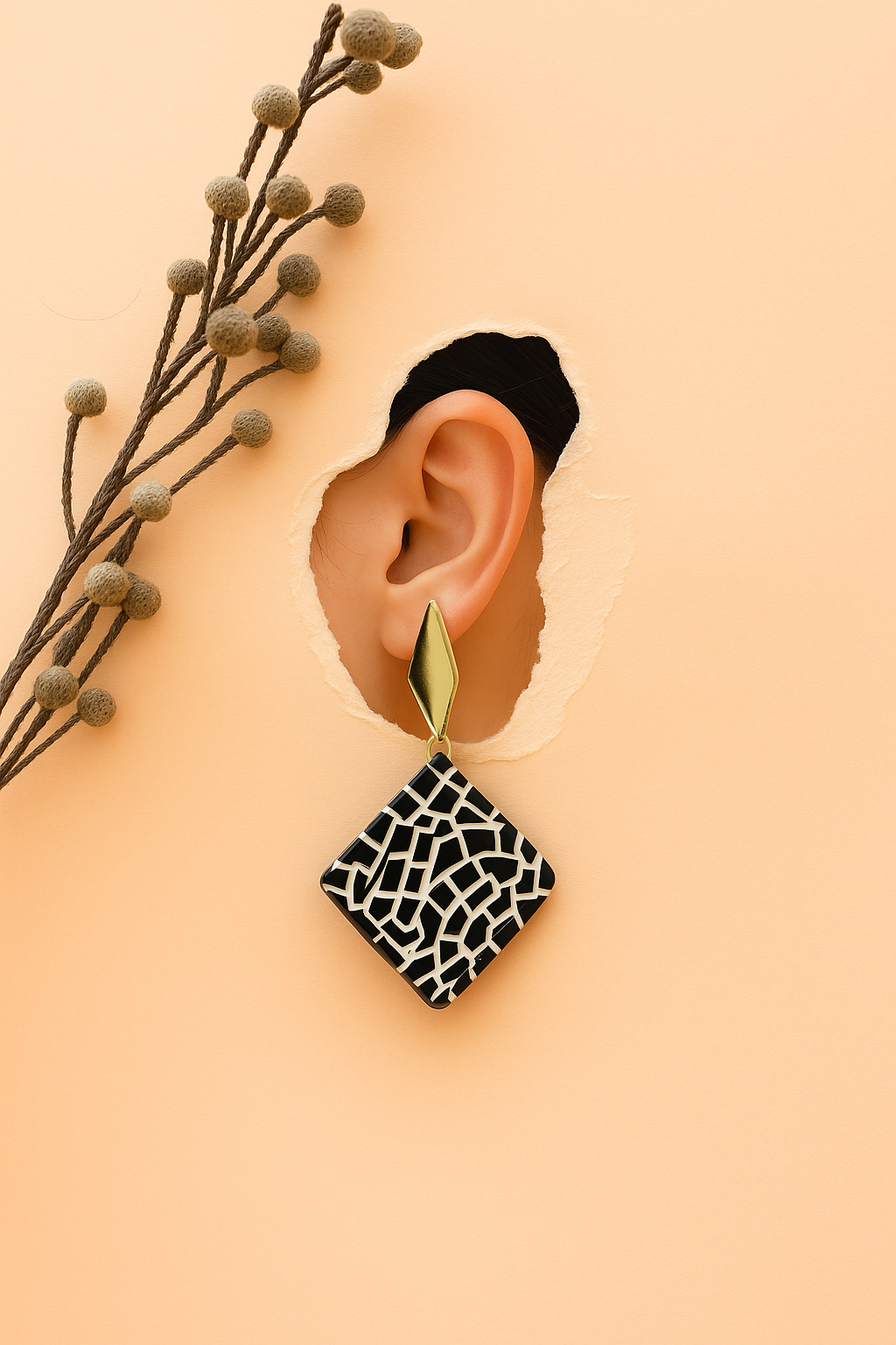 Geometric black and white resin drop earring with gold stud