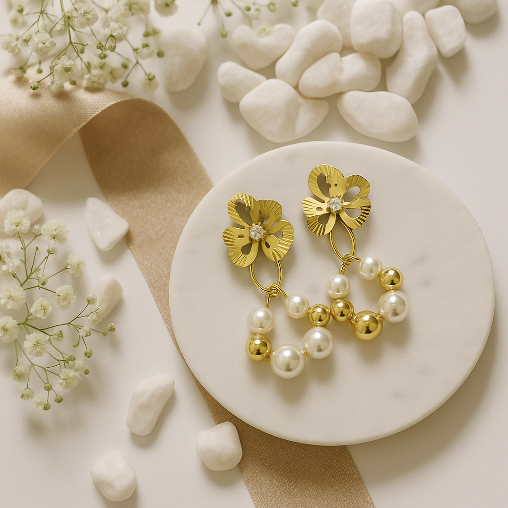Luxury gold floral pearl drop earrings with crystal flower tops and pearl-gold bead hoops