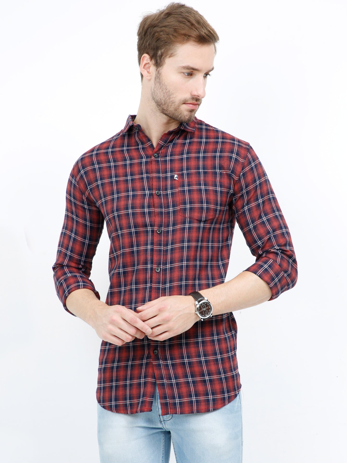 Peach Cotton Men's Trending Check Shirt with Regular Fit
