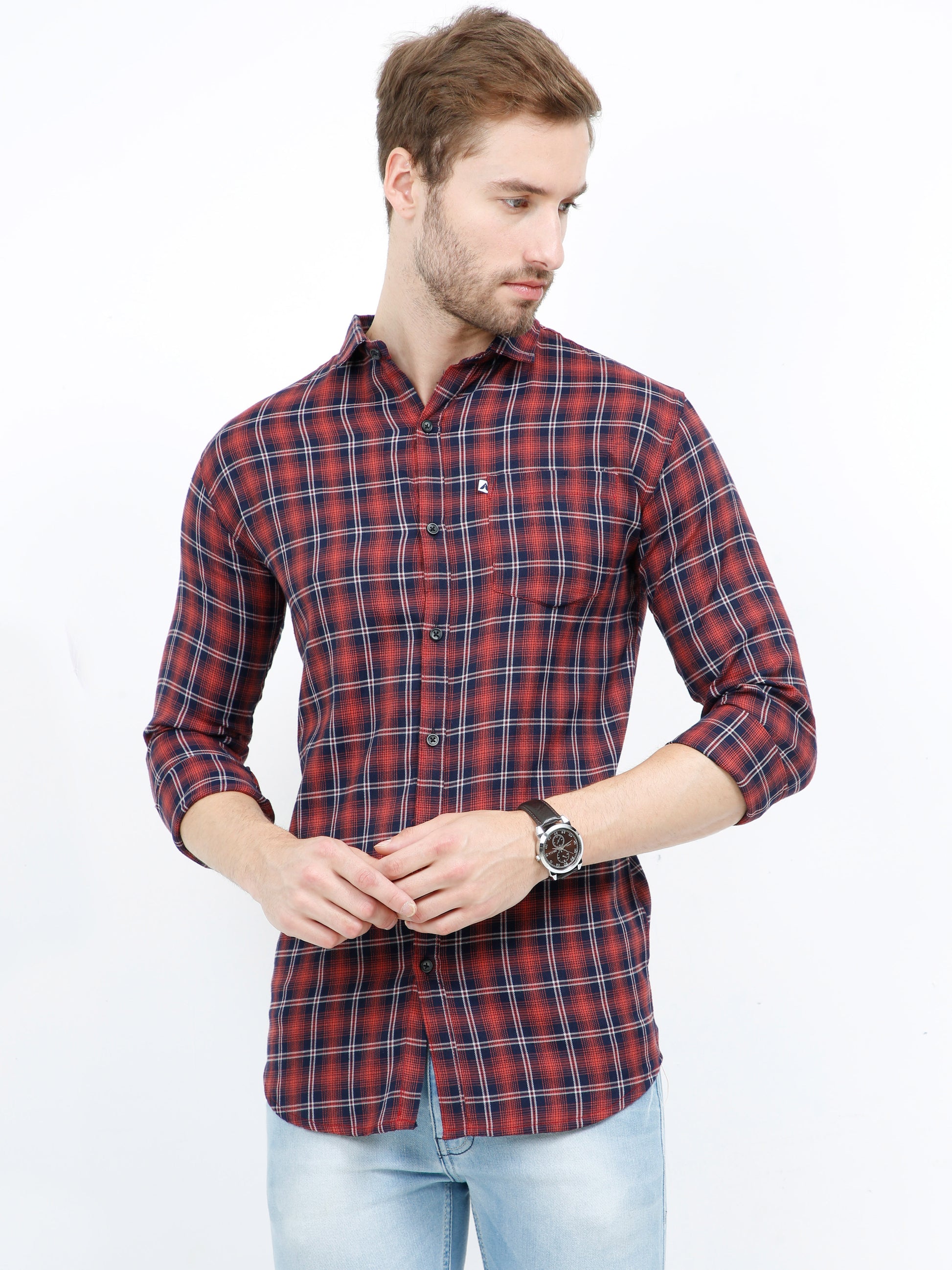 Peach Cotton Men's Trending Check Shirt with Regular Fit