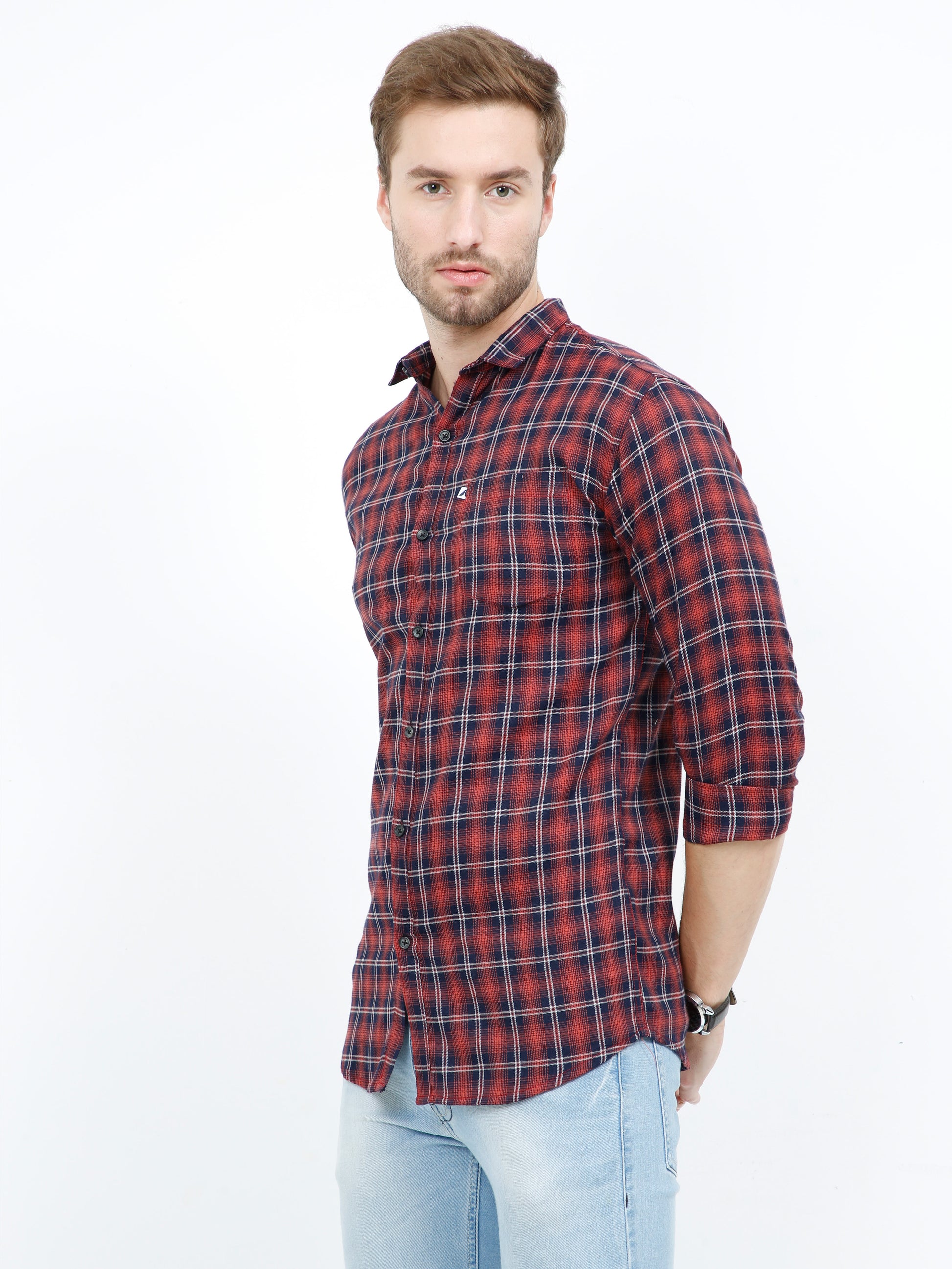 Peach Cotton Men's Trending Check Shirt with Regular Fit