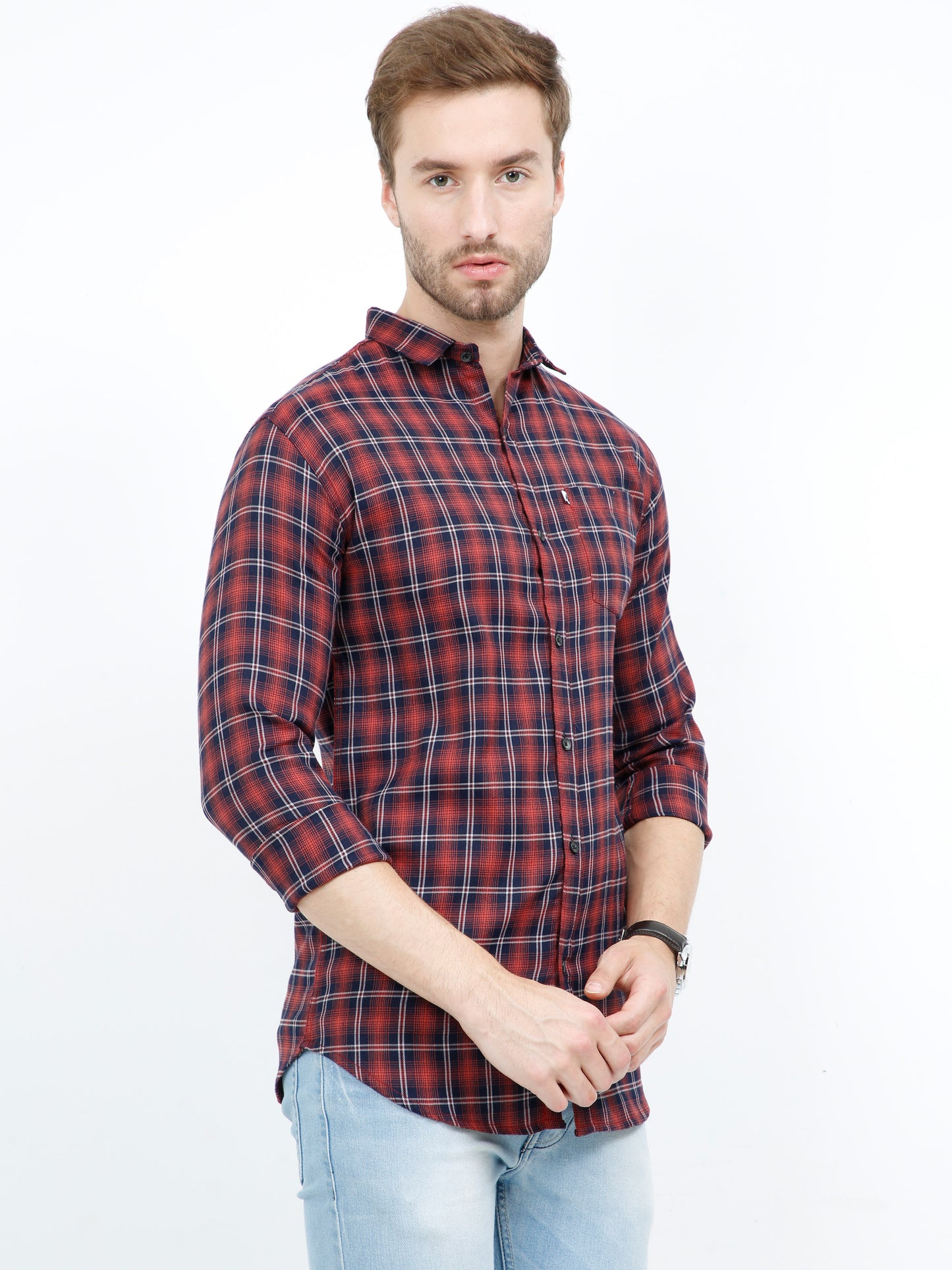 Peach Cotton Men's Trending Check Shirt with Regular Fit