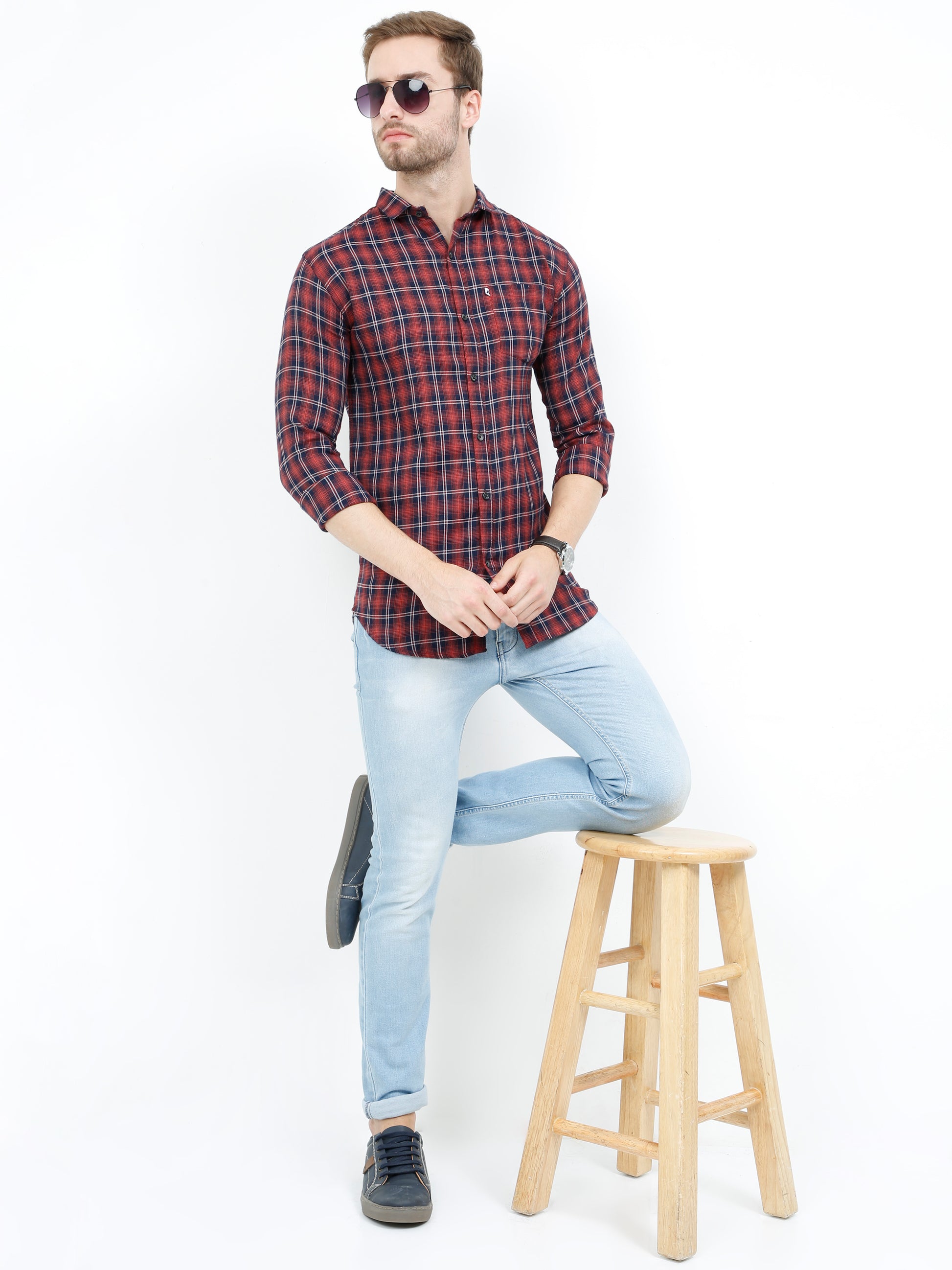 Peach Cotton Men's Trending Check Shirt with Regular Fit