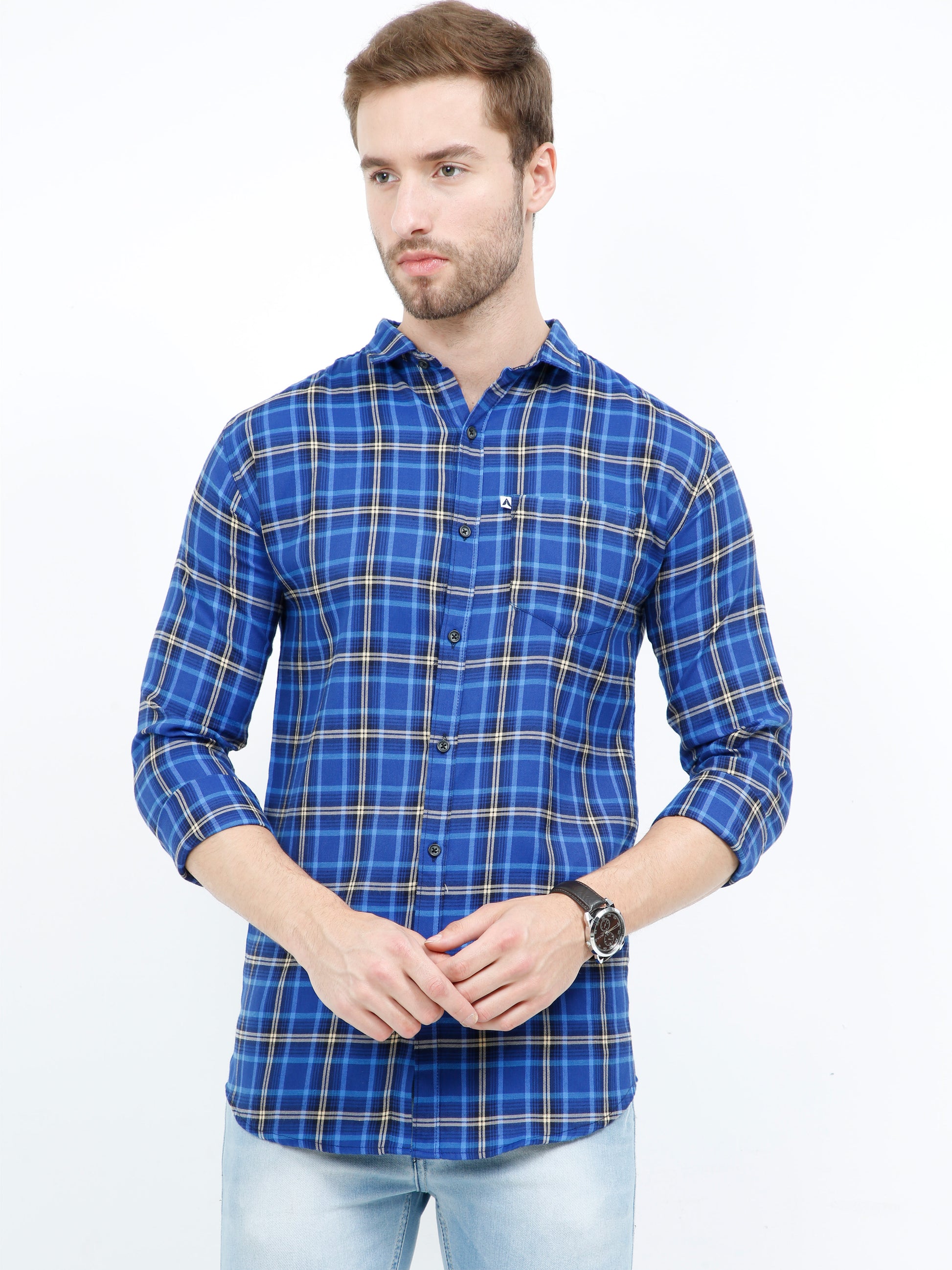 Cotton Royal Blue Check Shirt for Men with Regular Fit