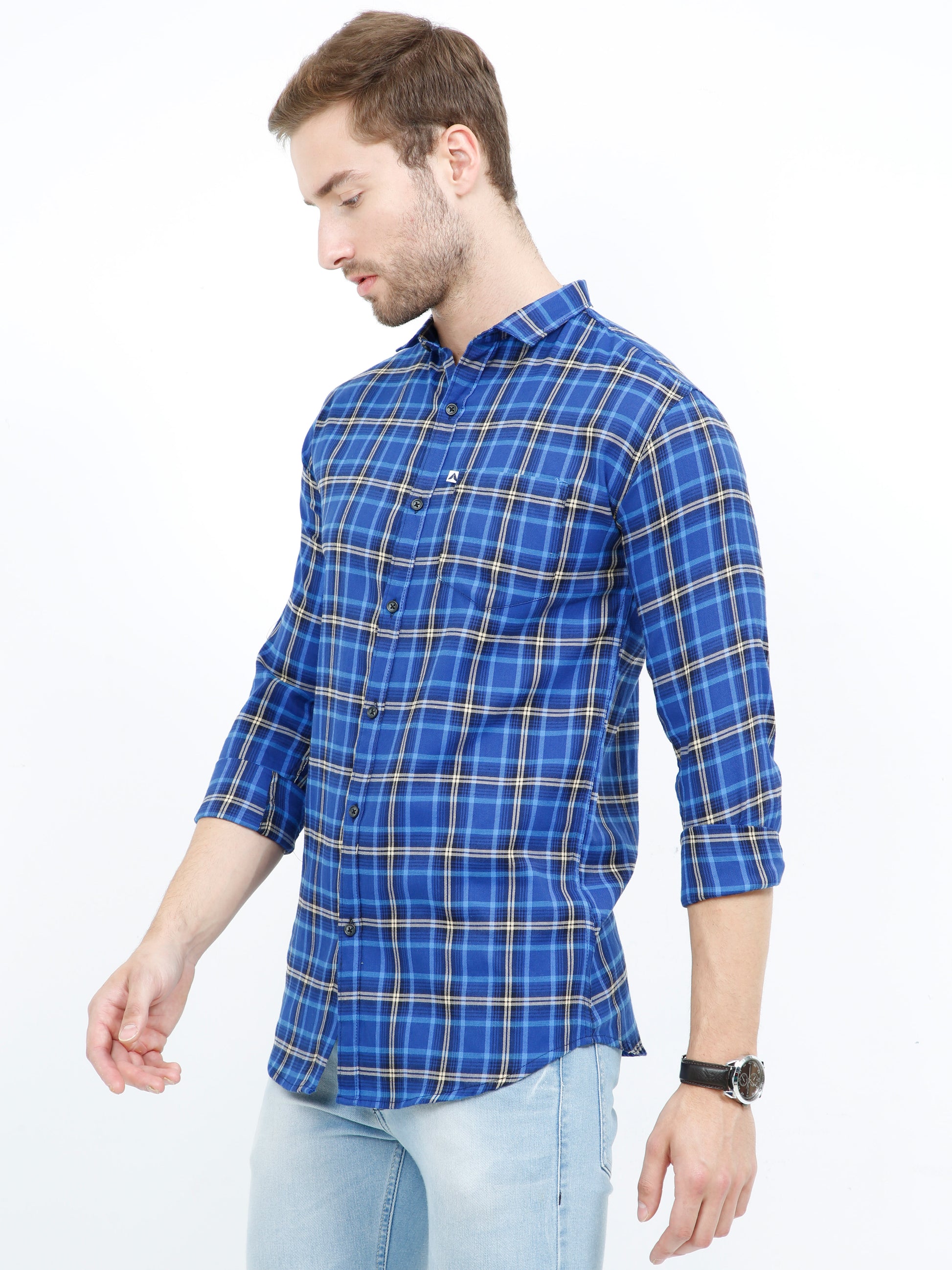 Cotton Royal Blue Check Shirt for Men with Regular Fit