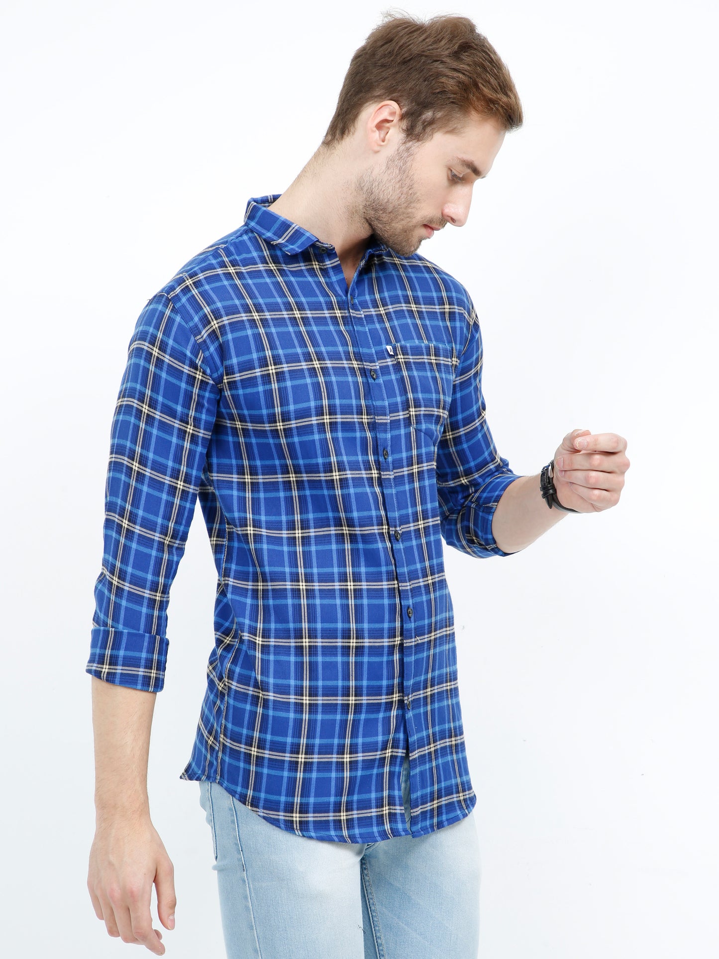 Cotton Royal Blue Check Shirt for Men with Regular Fit