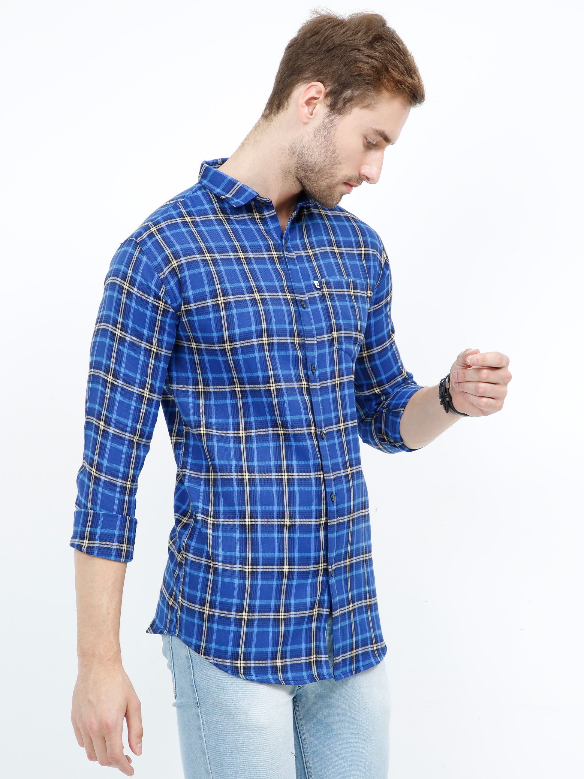 Cotton Royal Blue Check Shirt for Men with Regular Fit