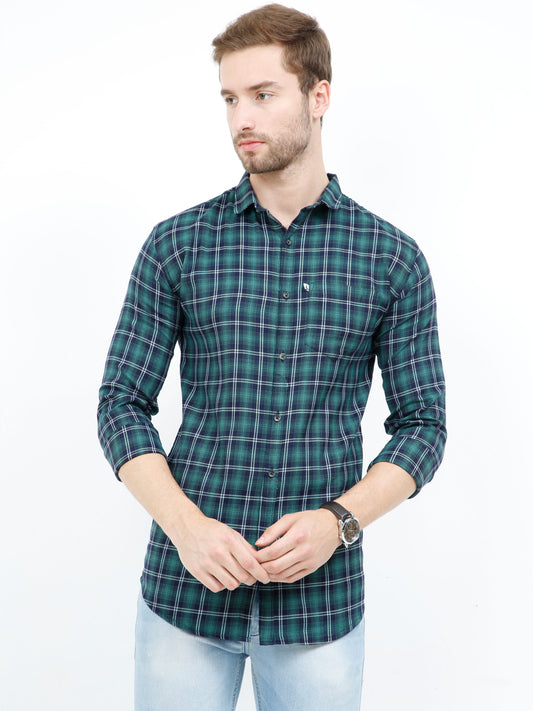 Cotton Regular Fit Mixed Green Check Shirt for Men