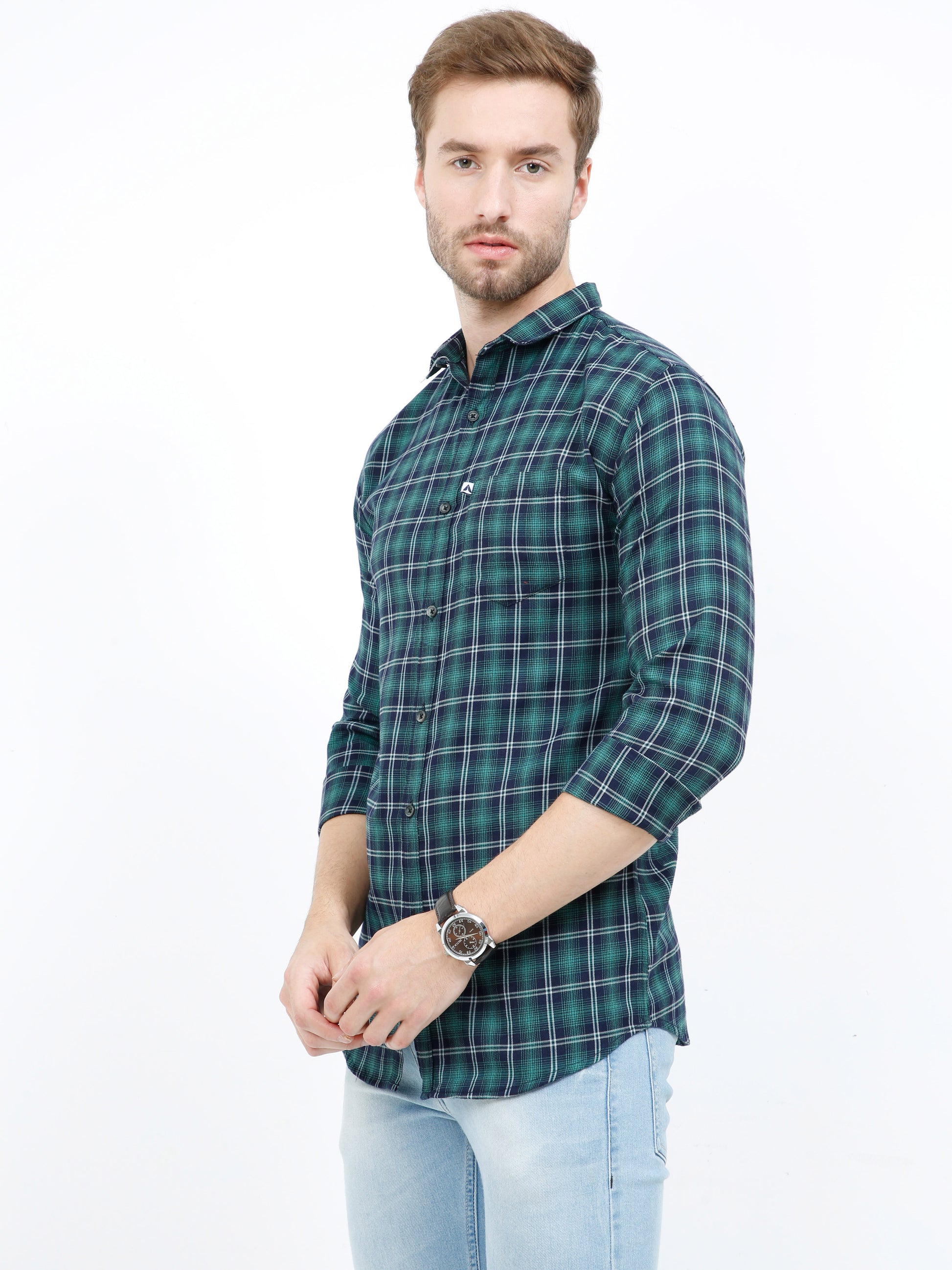 Cotton Regular Fit Mixed Green Check Shirt for Men