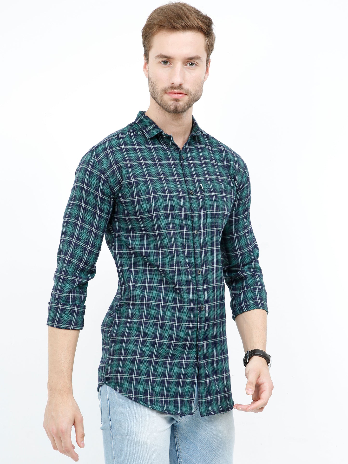 Cotton Regular Fit Mixed Green Check Shirt for Men