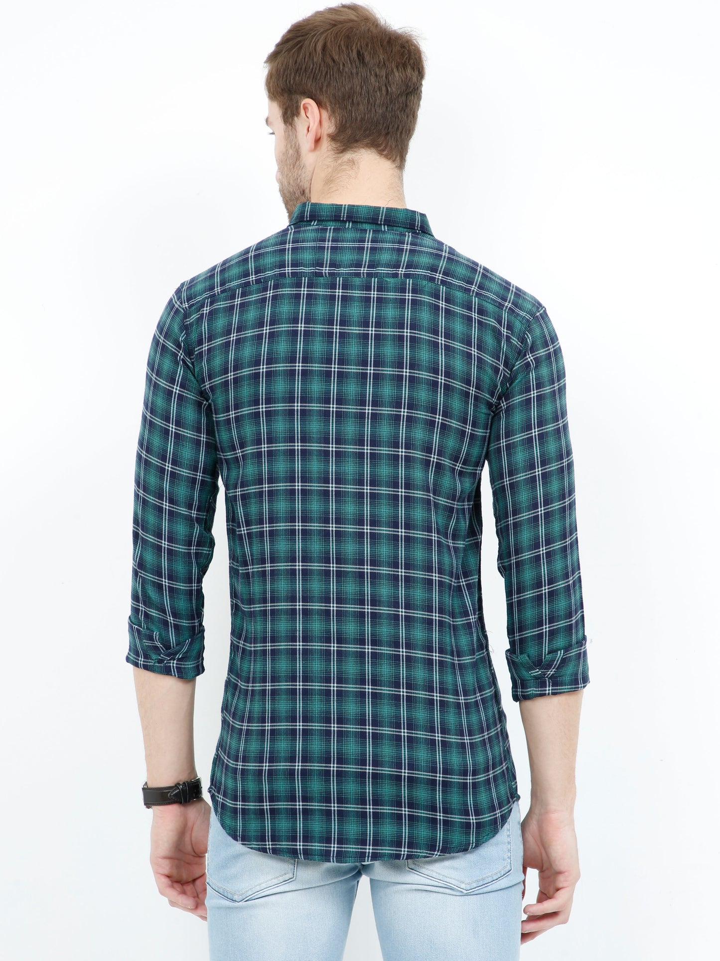 Cotton Regular Fit Mixed Green Check Shirt for Men