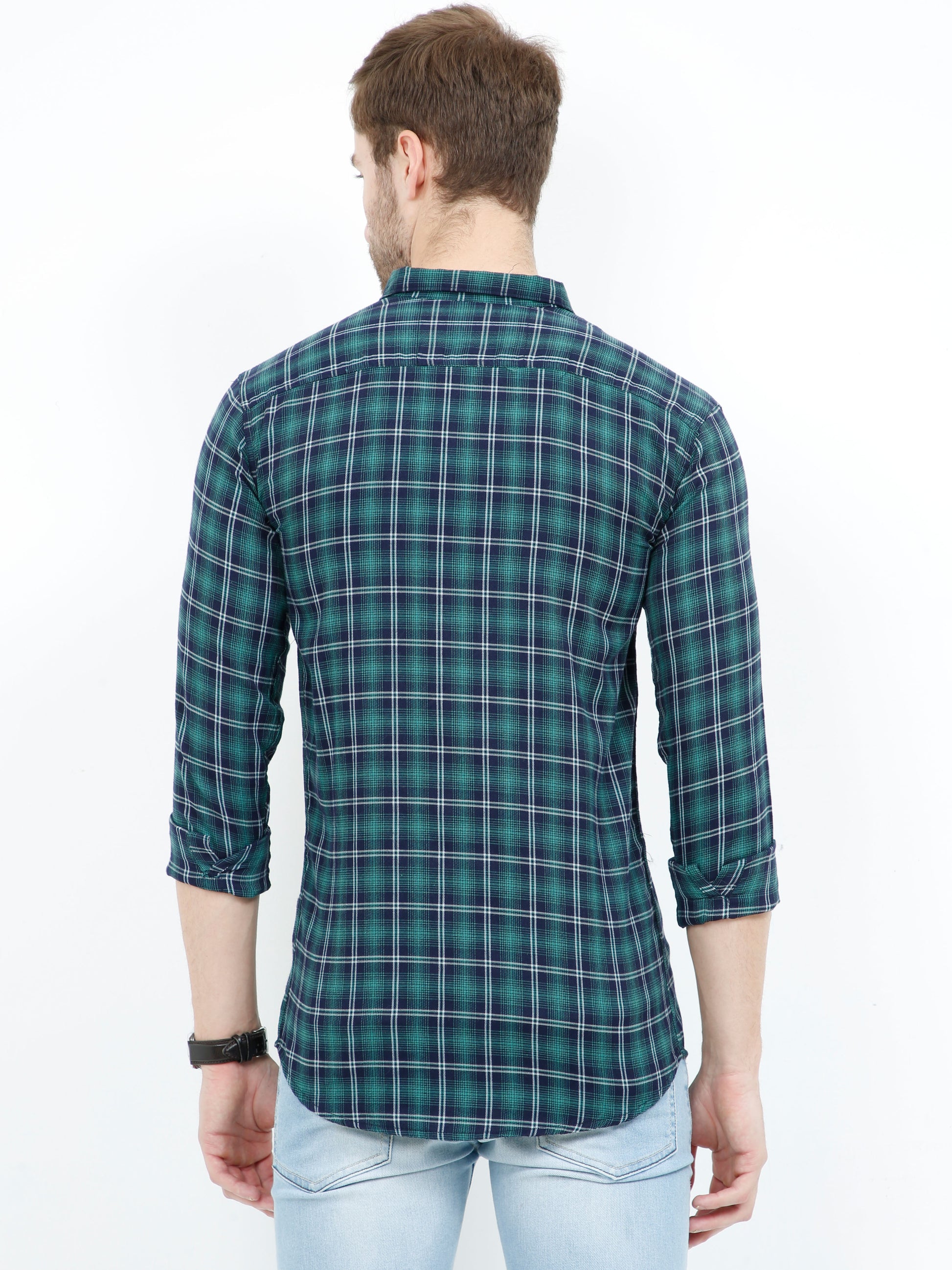 Cotton Regular Fit Mixed Green Check Shirt for Men